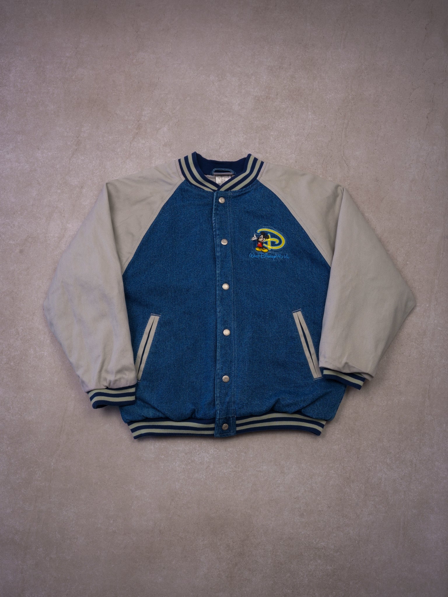 Vintage 90s Blue Denim + Grey Disney Mickey Mouse Varsity Jacket (S/M)