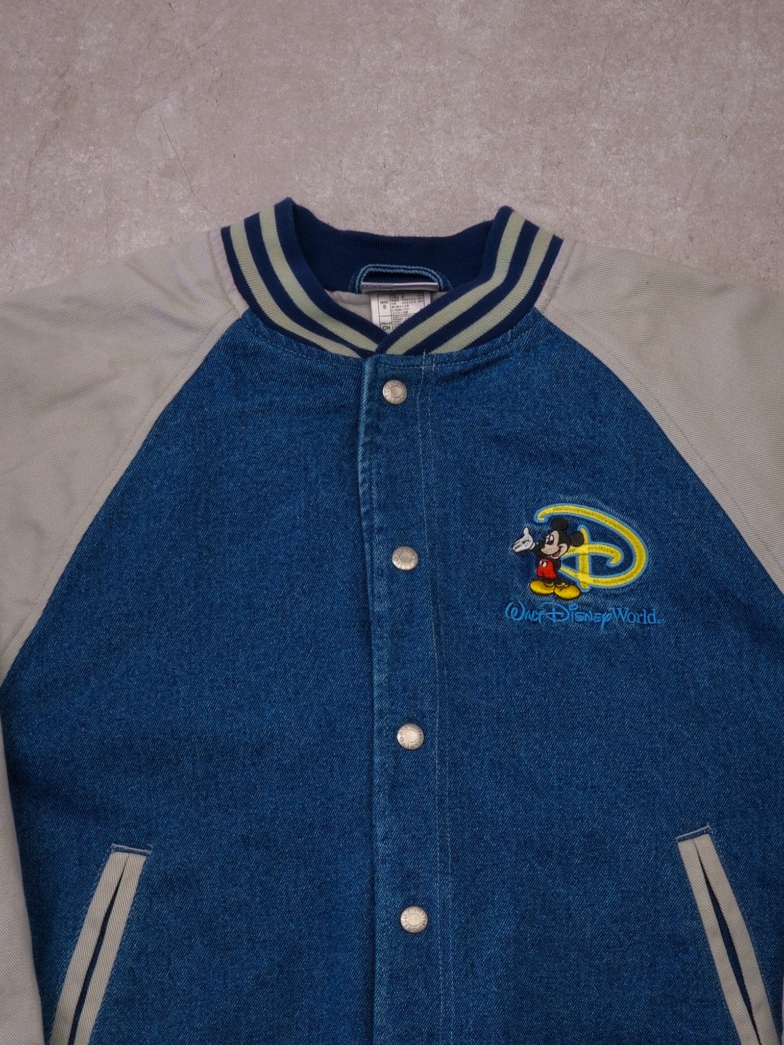Vintage 90s Blue Denim + Grey Disney Mickey Mouse Varsity Jacket (S/M)