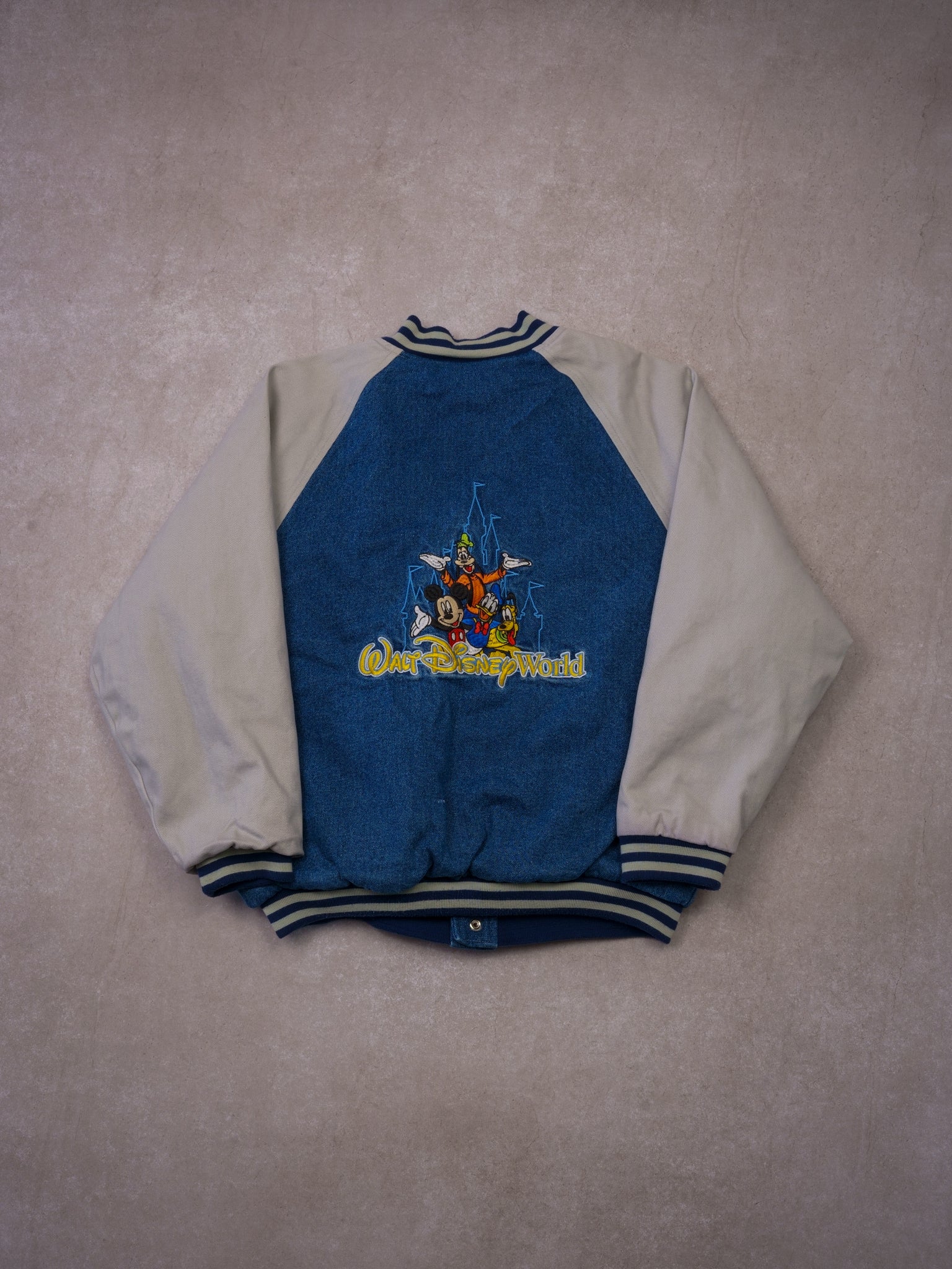 Vintage 90s Blue Denim + Grey Disney Mickey Mouse Varsity Jacket (S/M)