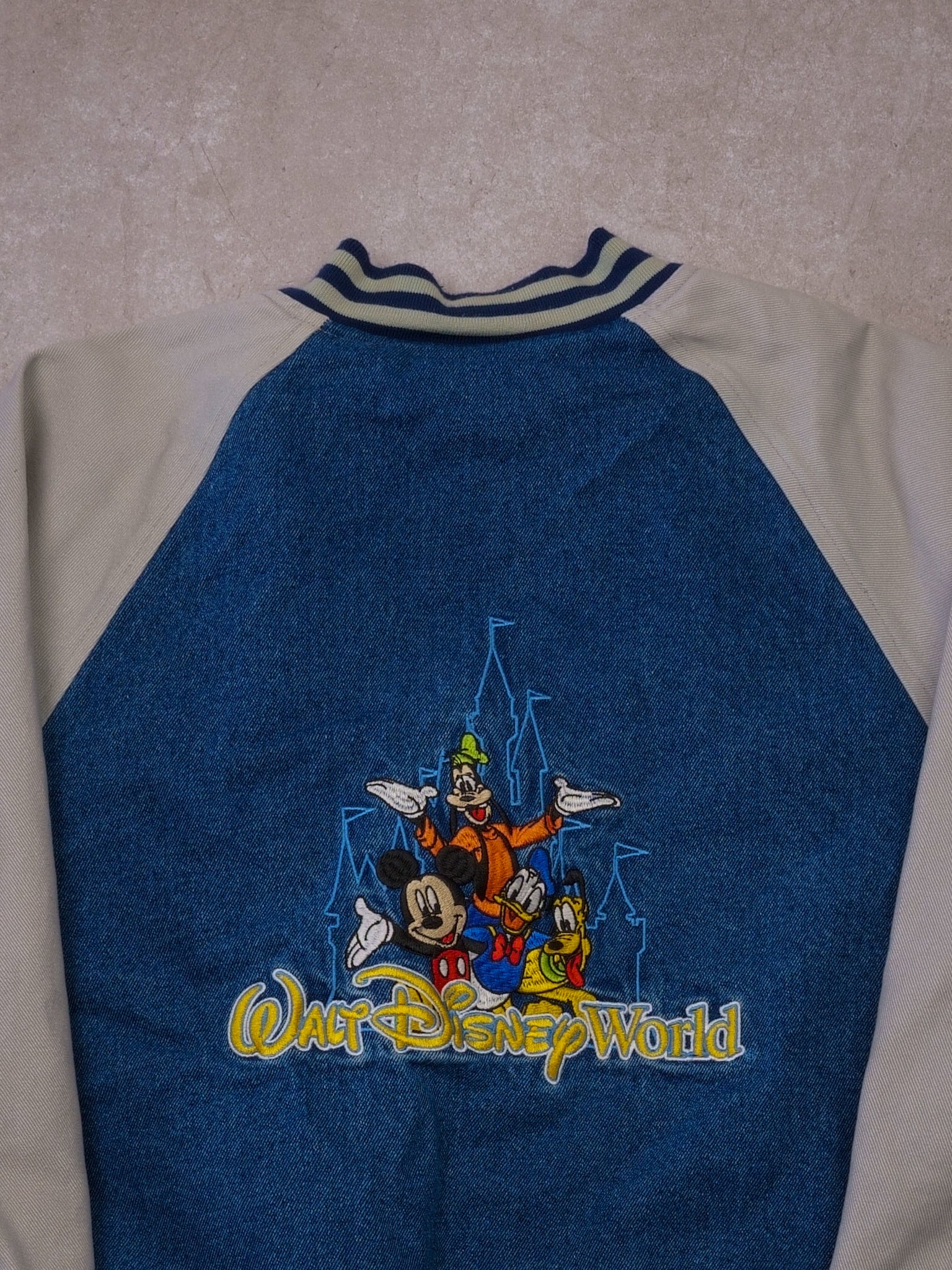 Vintage 90s Blue Denim + Grey Disney Mickey Mouse Varsity Jacket (S/M)