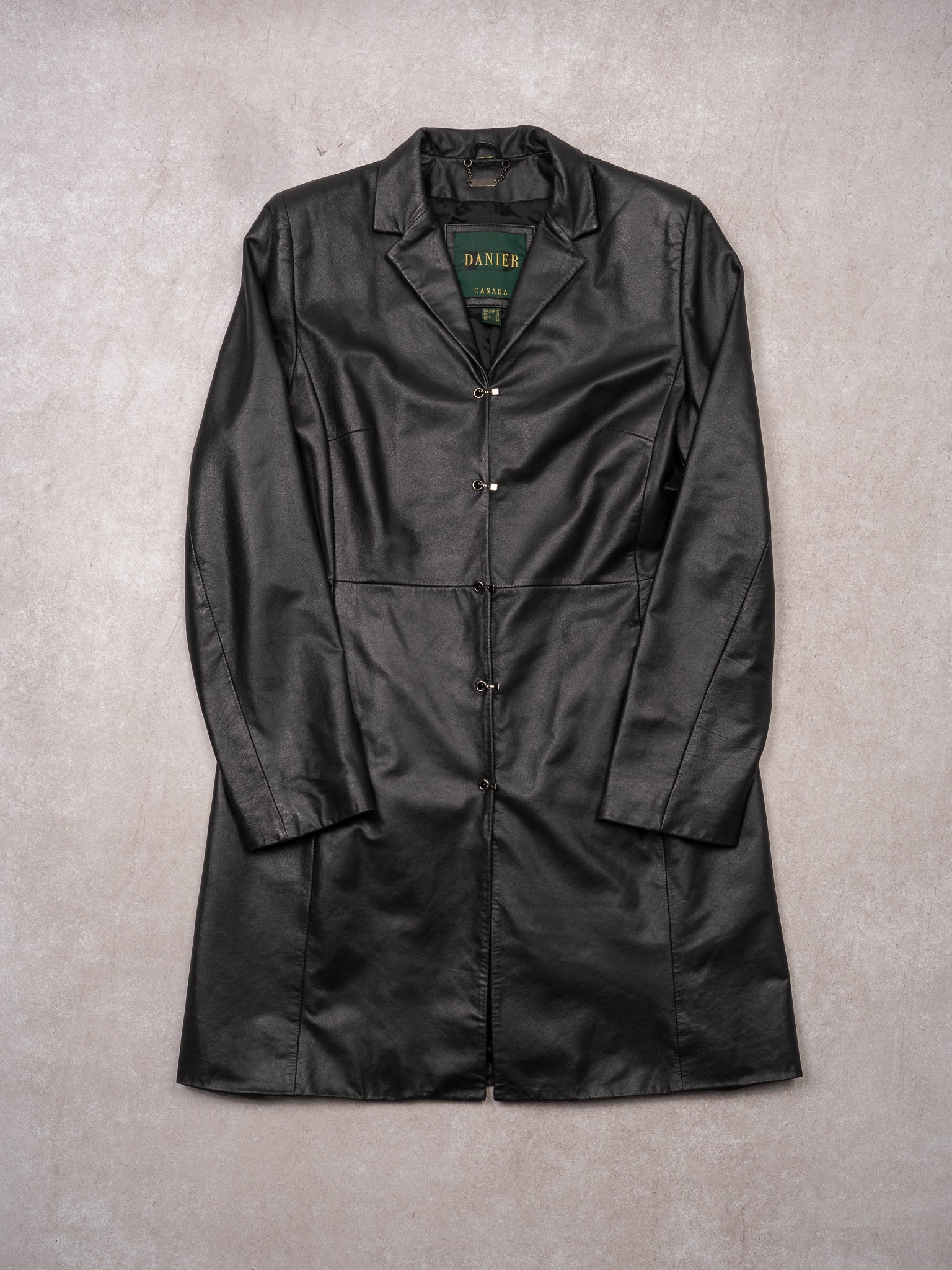 Vintage 90s Black Long Leather Clasp Jacket (S/M)