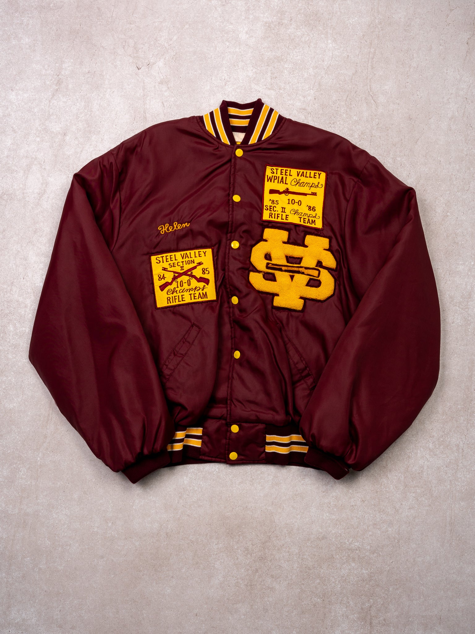 Vintage 80s Maroon + Yellow Steel Valley Rifle Team Nylon Bomber Jacket (L)