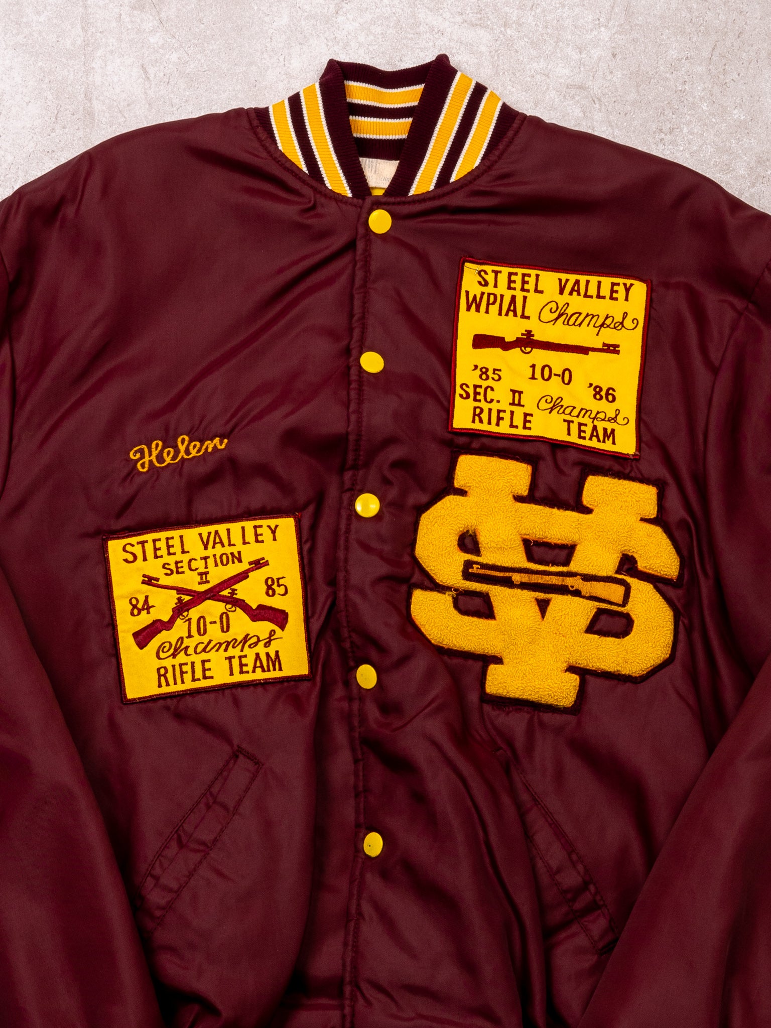 Vintage 80s Maroon + Yellow Steel Valley Rifle Team Nylon Bomber Jacket (L)