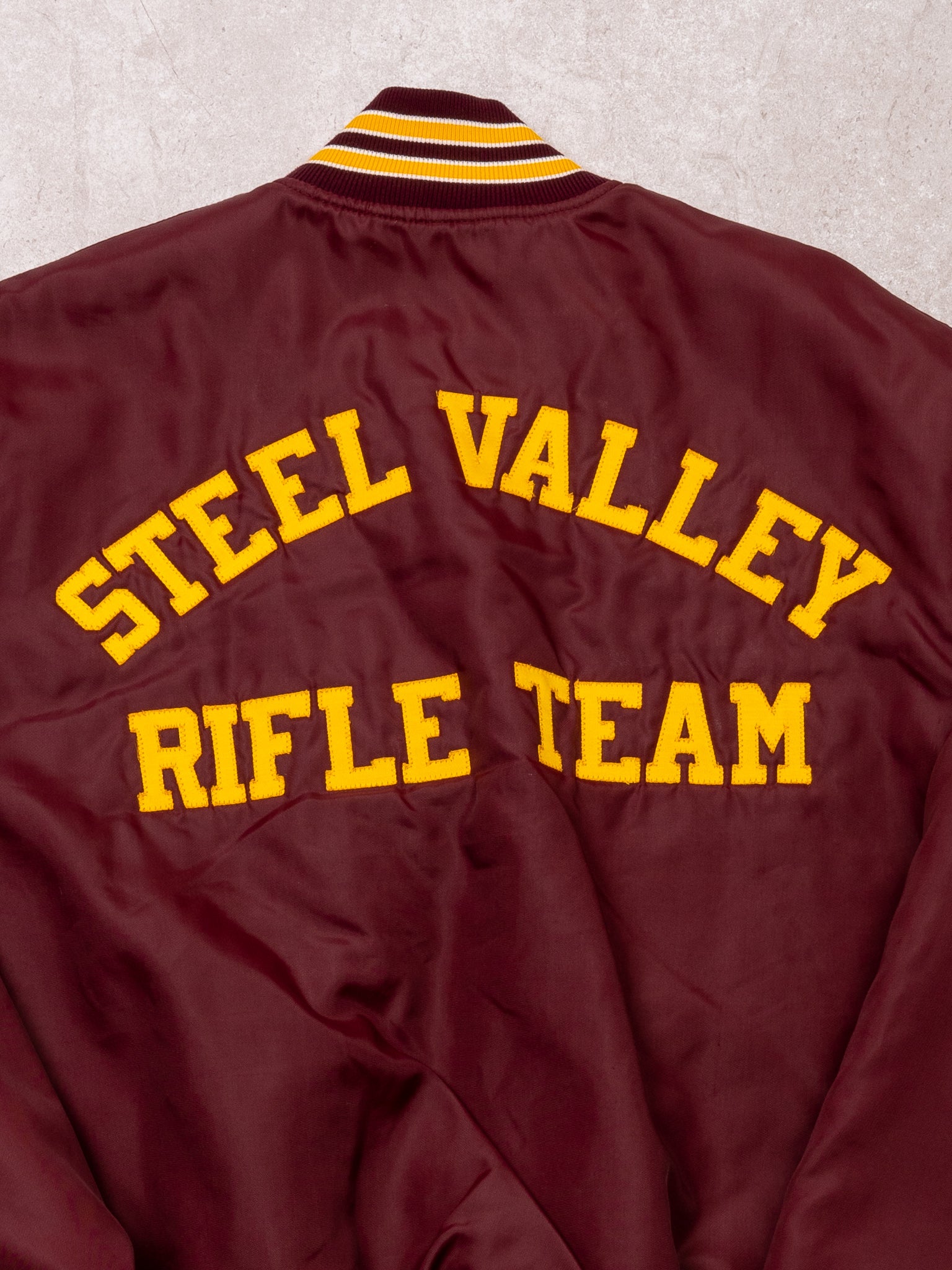 Vintage 80s Maroon + Yellow Steel Valley Rifle Team Nylon Bomber Jacket (L)