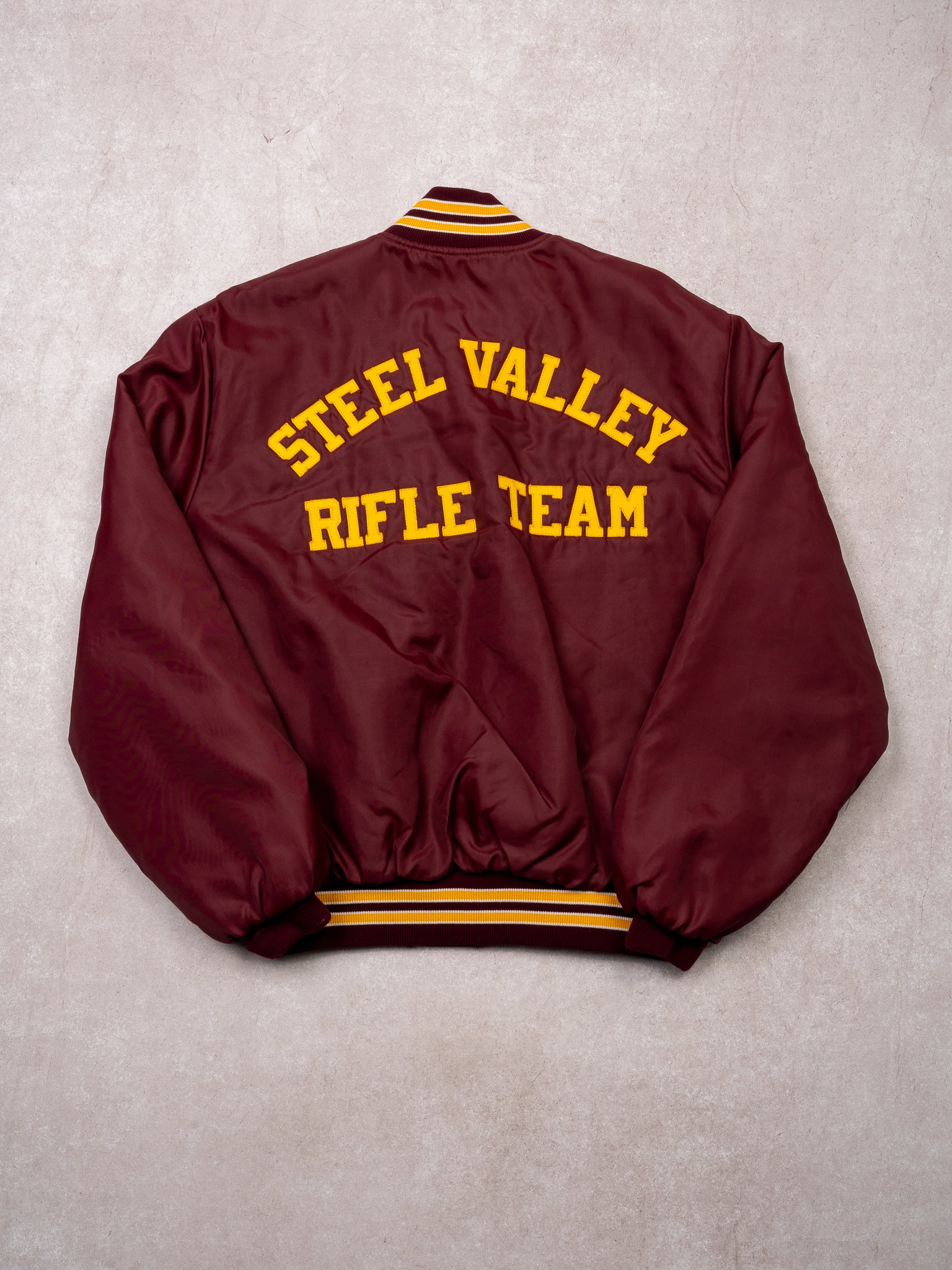Vintage 80s Maroon + Yellow Steel Valley Rifle Team Nylon Bomber Jacket (L)
