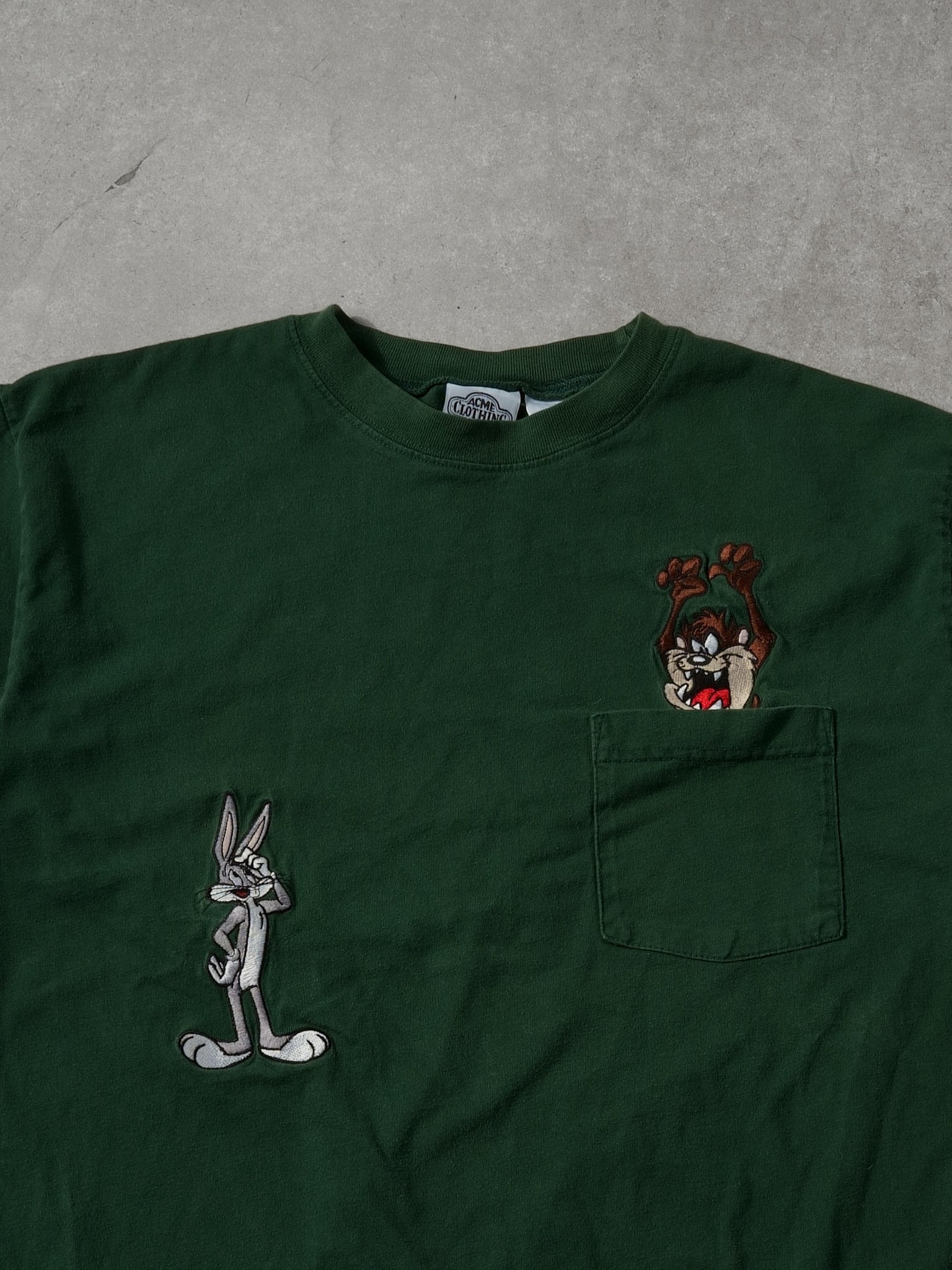 Vintage 90s Pine Green Bugs & Tazz Emboridery Pocket Tee (M)