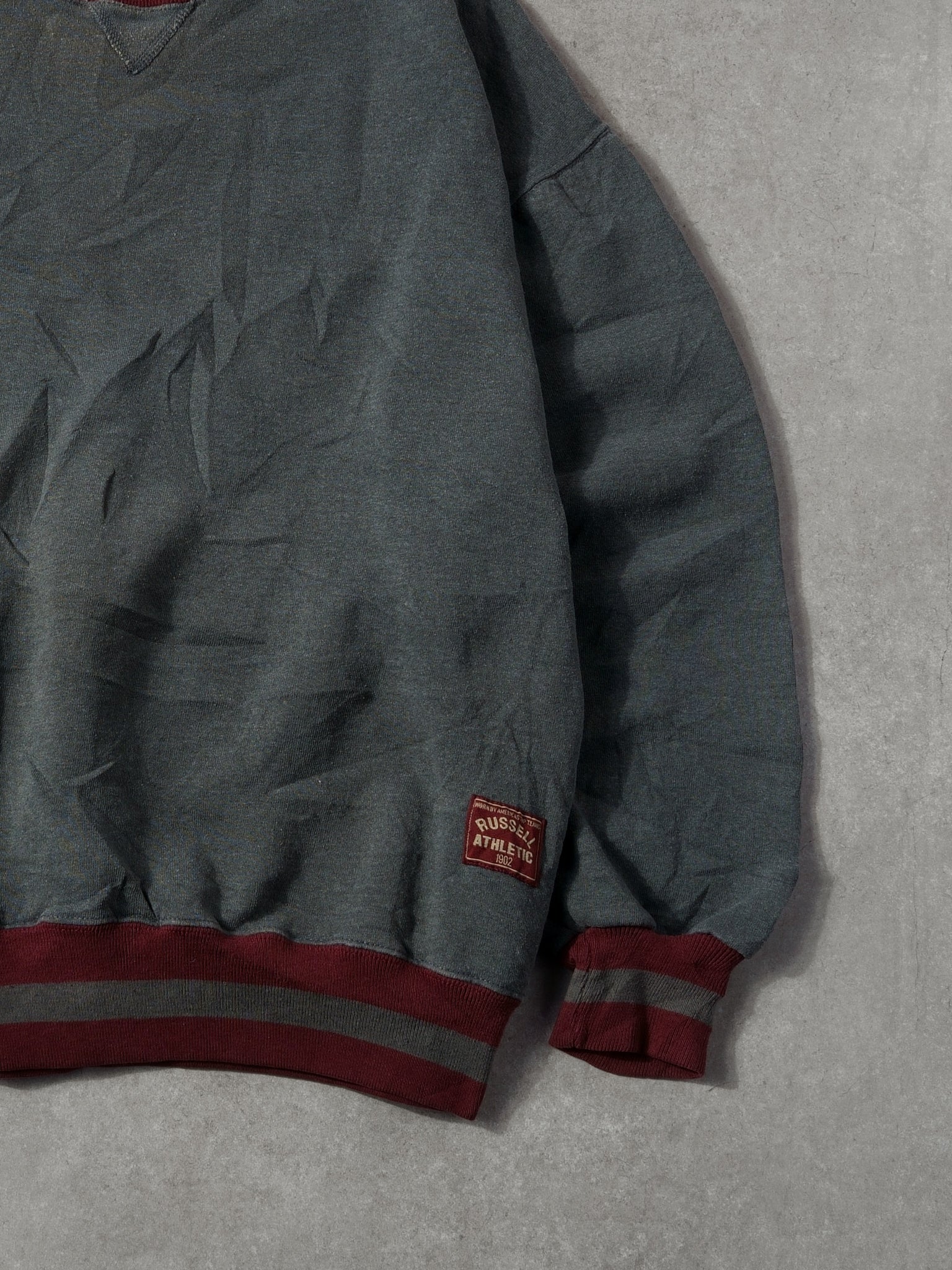 Vintage 90s Grey and Maroon Russell Athletics Crewneck (XL)
