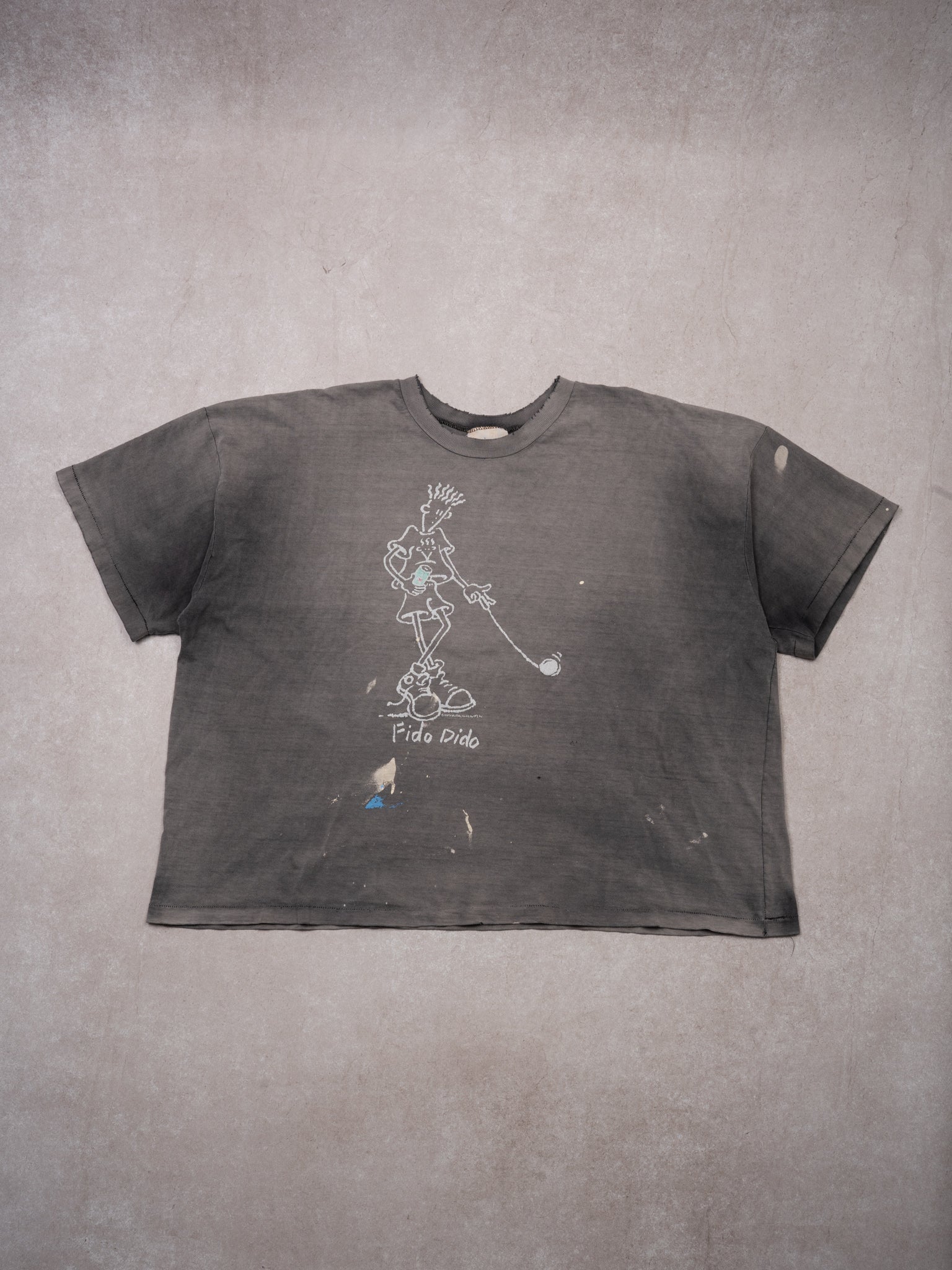 Vintage 80s Sunwashed Grey Fido Dido Cropped Tee (XL)