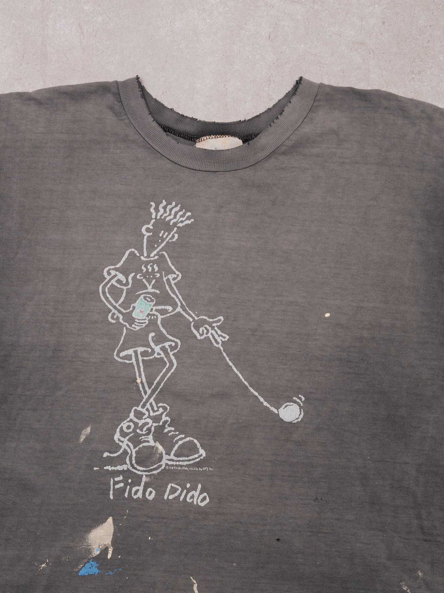 Vintage 80s Sunwashed Grey Fido Dido Cropped Tee (XL)