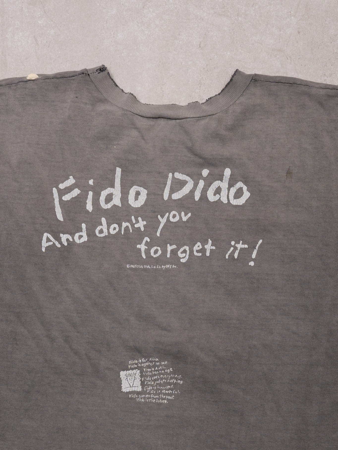 Vintage 80s Sunwashed Grey Fido Dido Cropped Tee (XL)
