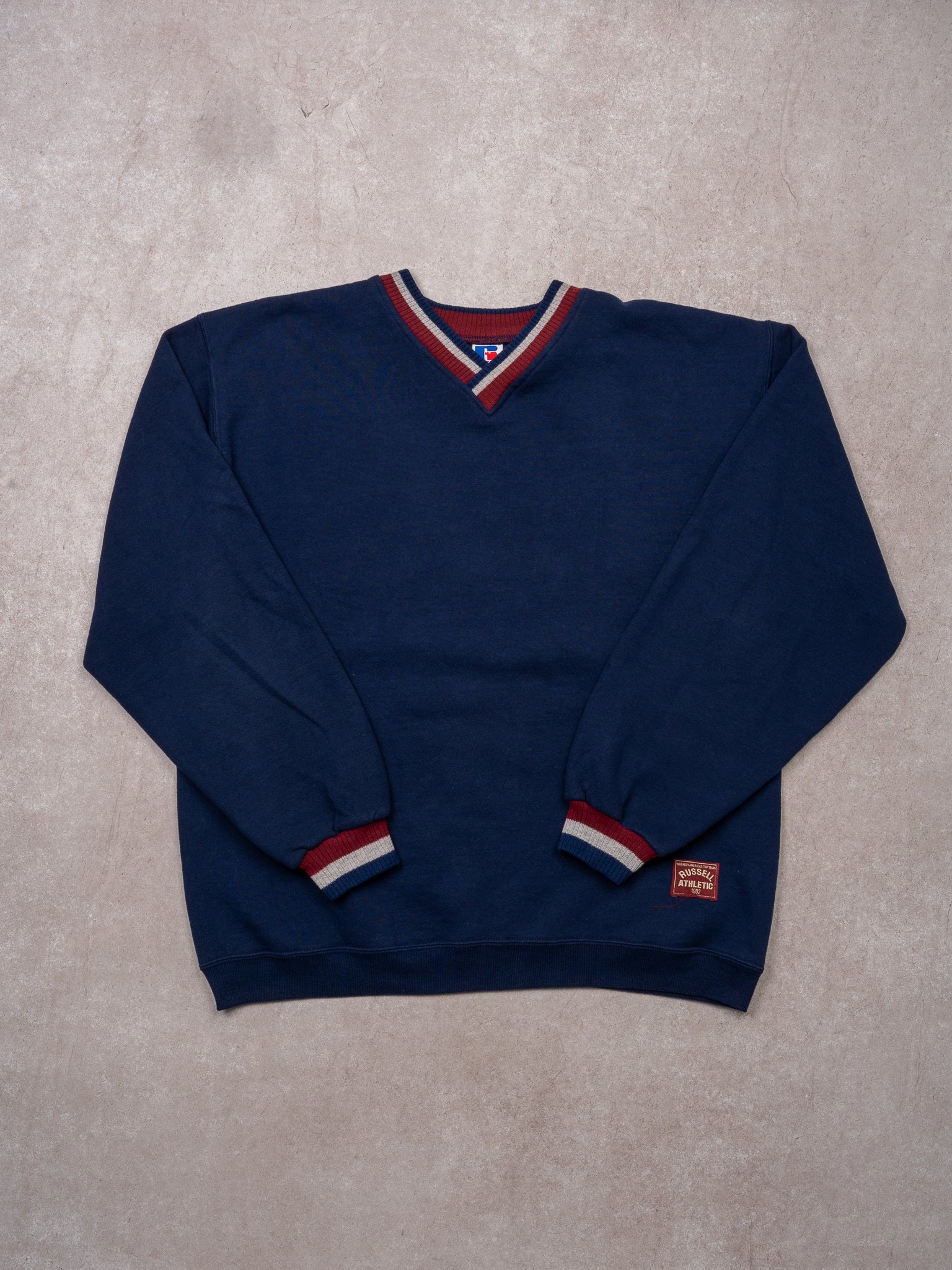 Vintage 90s Russell Athletic Navy + Maroon V Neck Sweater (L)