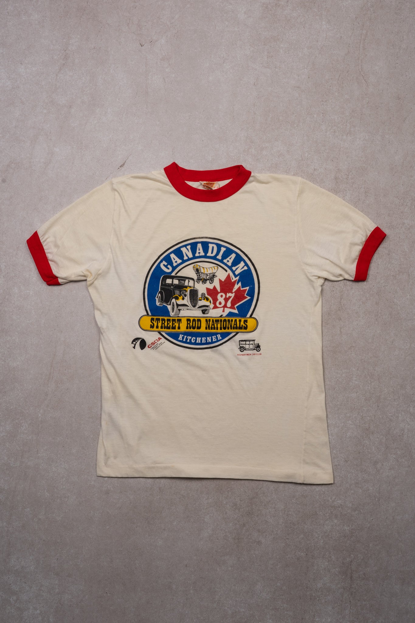 Vintage '87 White Canadian Street Rod Nationals Kitchener Ringer tee (S)