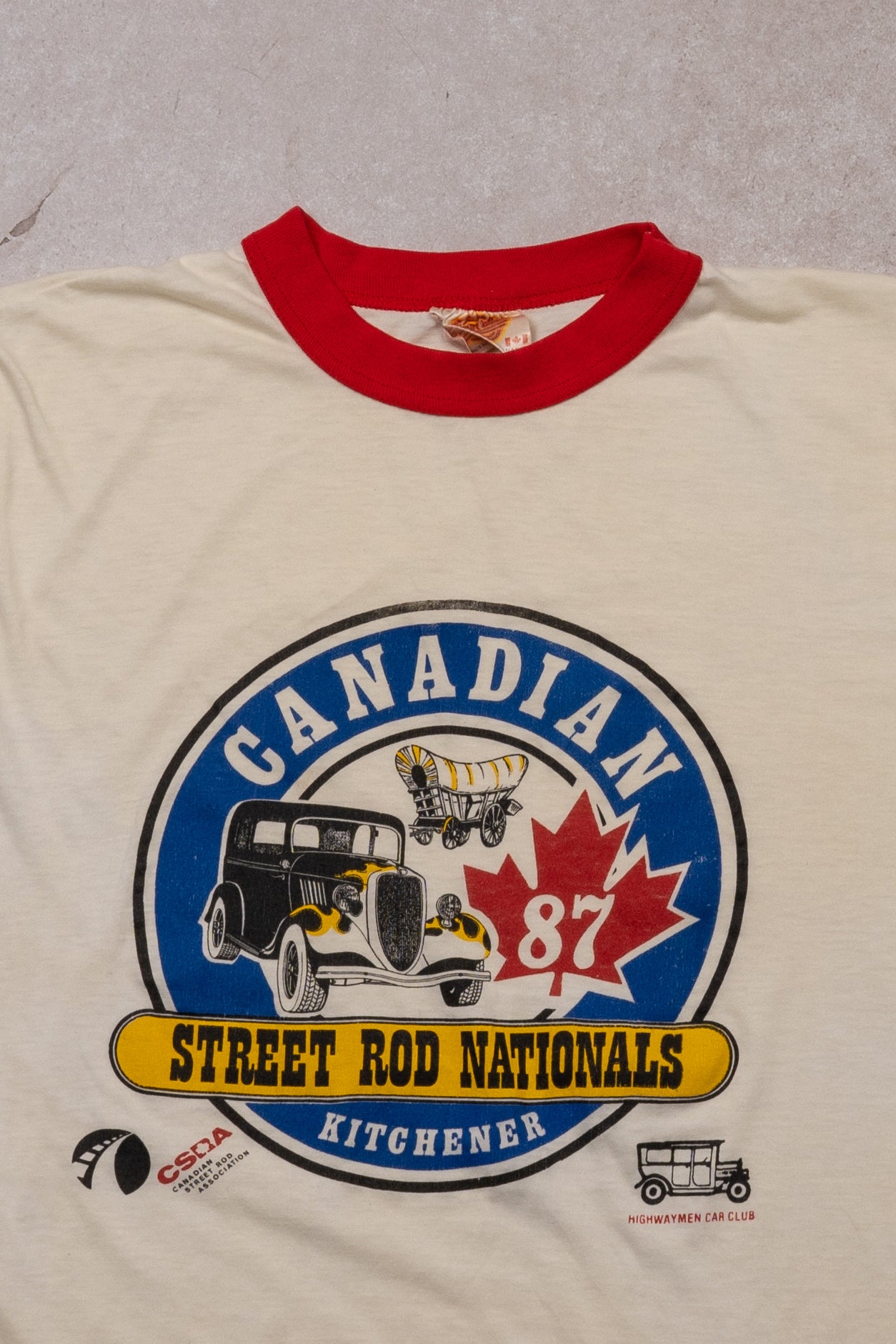 Vintage '87 White Canadian Street Rod Nationals Kitchener Ringer tee (S)