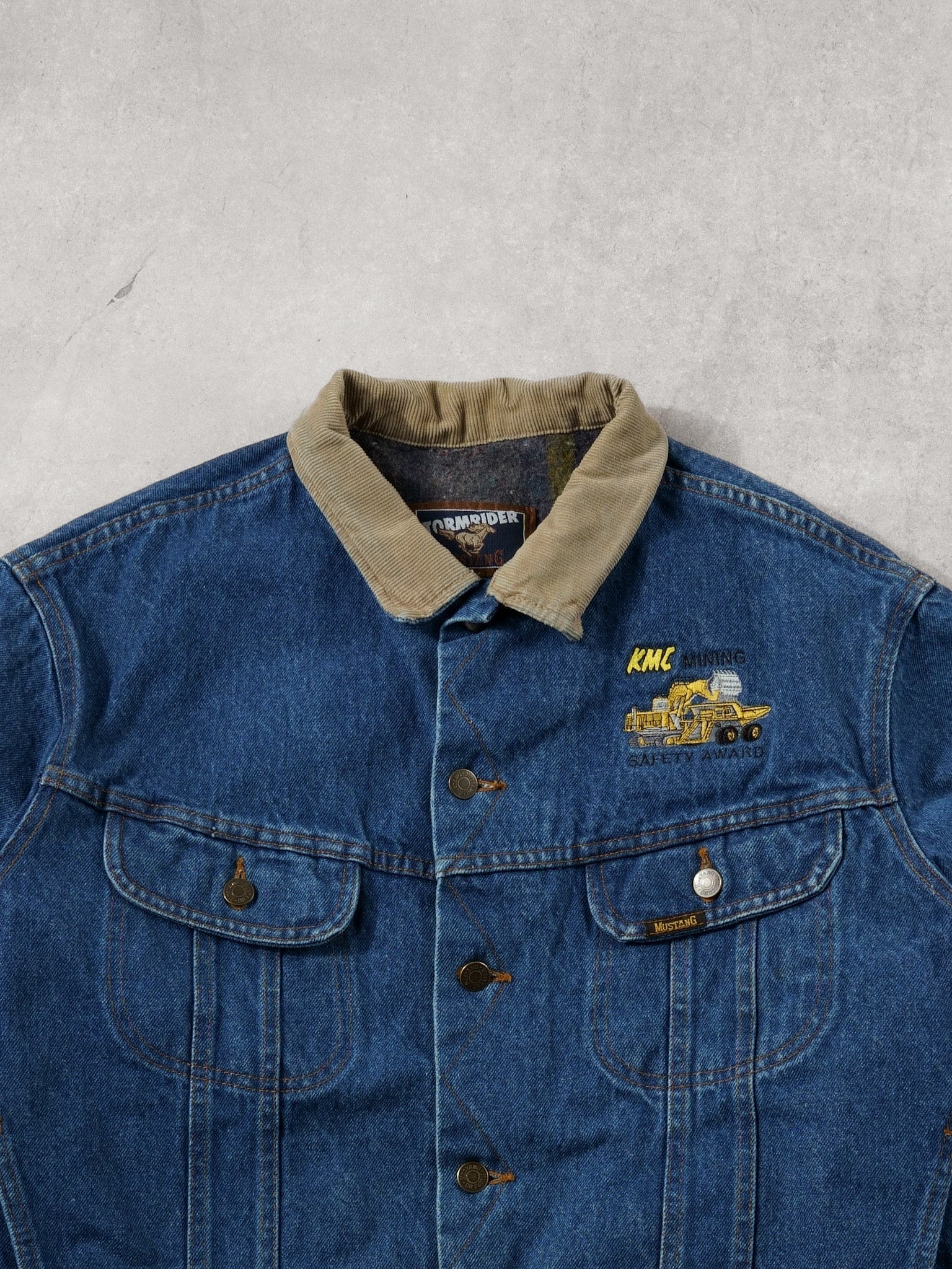 Vintage 90 Blue Stormrider Mustang "KMC Mining" Denim Sherpa Jacket (XL)