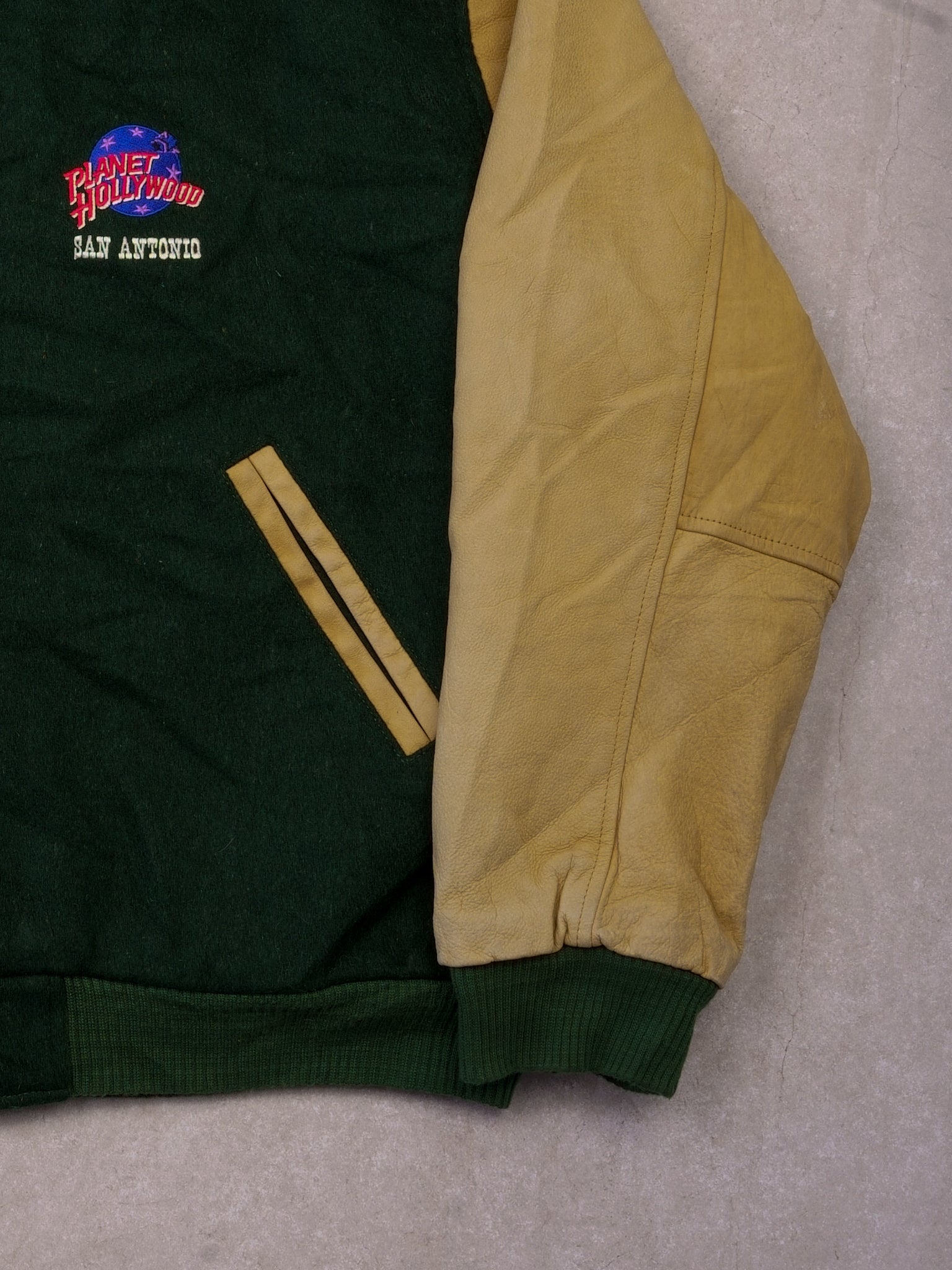 Vintage 90s Pine Green and Cream San Antonio Dragons Planet Hollywood Varsity Jacket (XL)