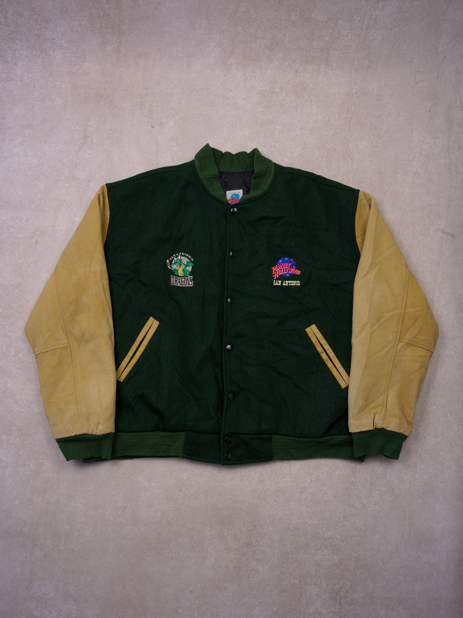 Vintage 90s Pine Green and Cream San Antonio Dragons Planet Hollywood Varsity Jacket (XL)