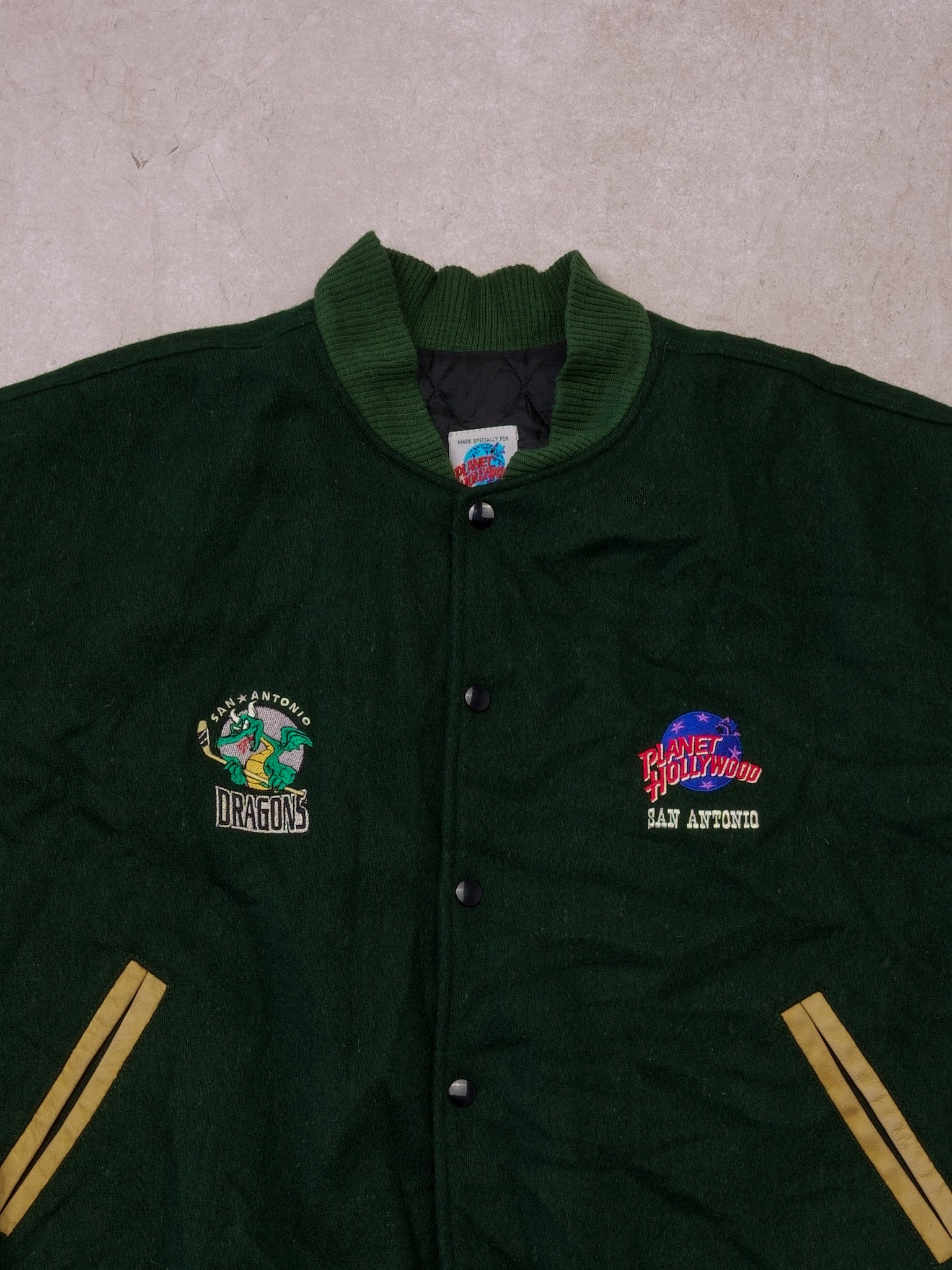 Vintage 90s Pine Green and Cream San Antonio Dragons Planet Hollywood Varsity Jacket (XL)