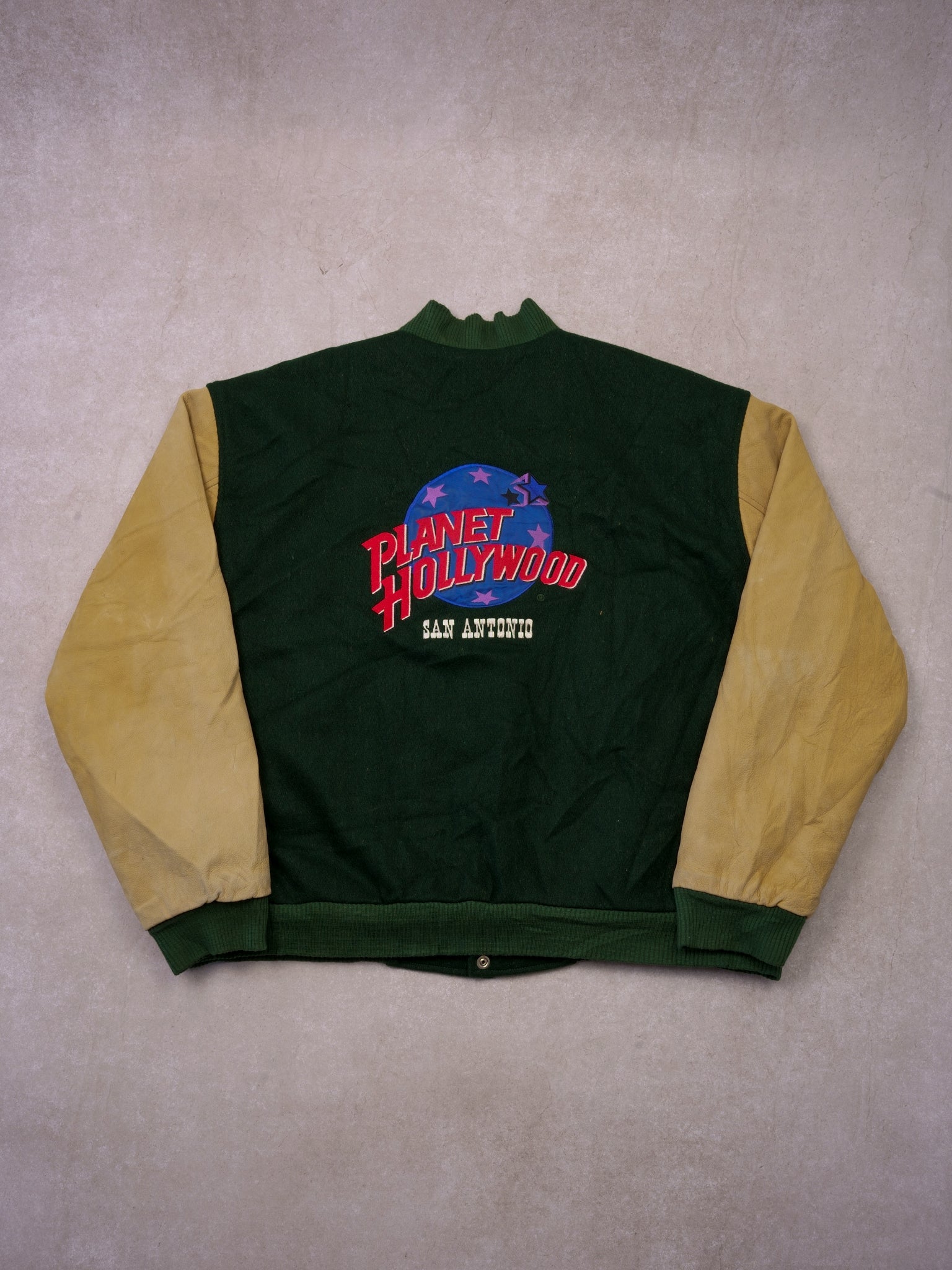 Vintage 90s Pine Green and Cream San Antonio Dragons Planet Hollywood Varsity Jacket (XL)