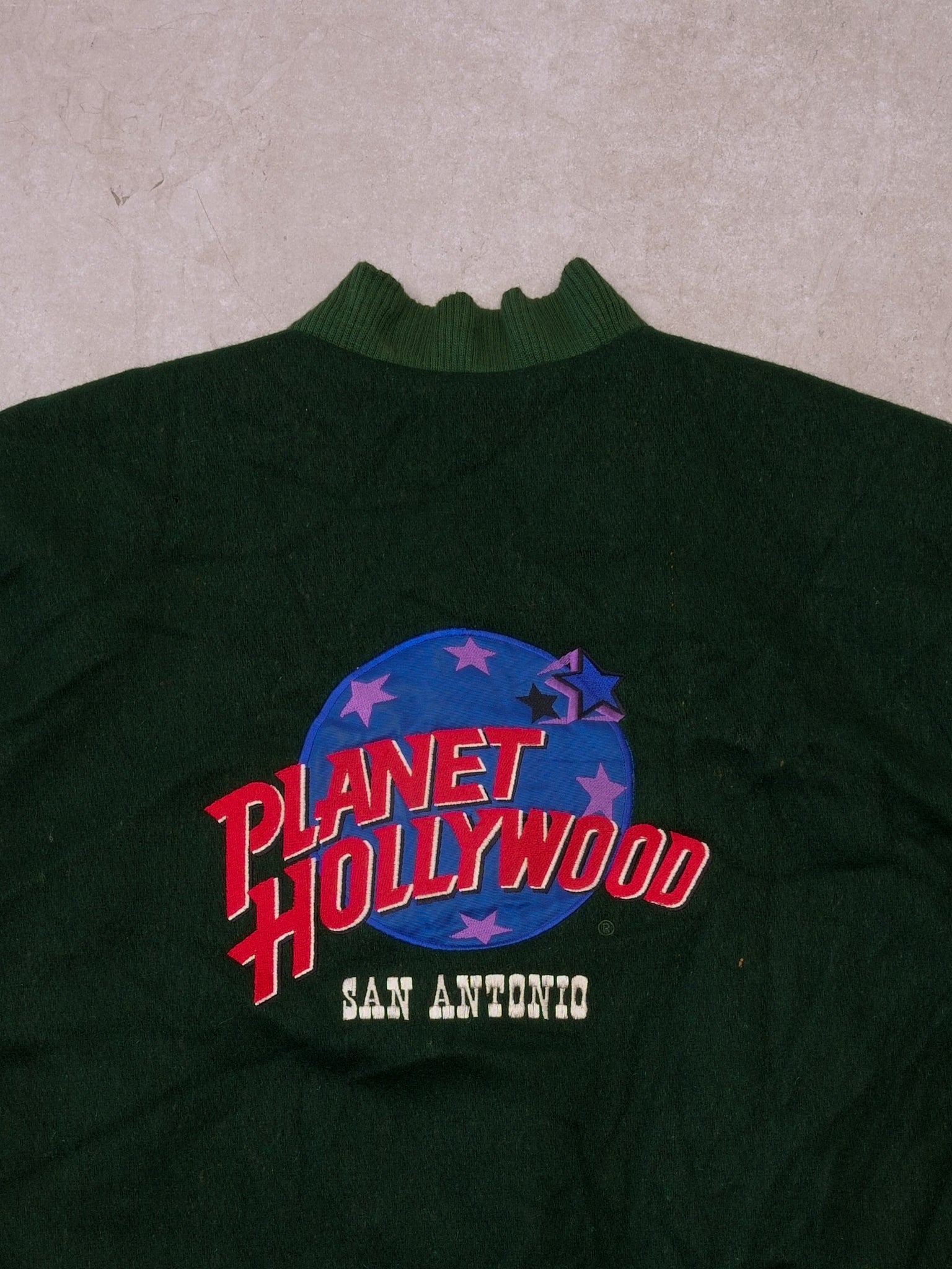 Vintage 90s Pine Green and Cream San Antonio Dragons Planet Hollywood Varsity Jacket (XL)