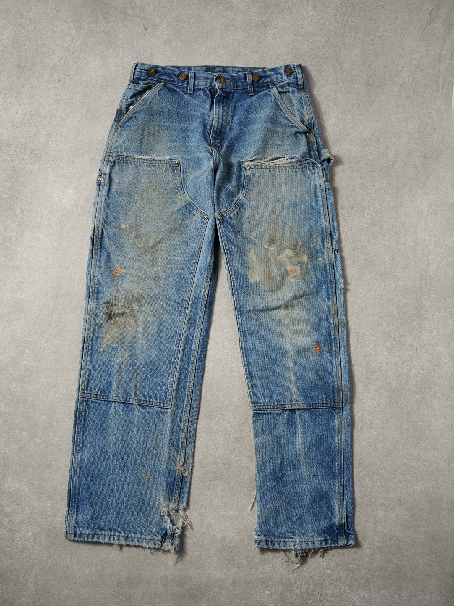Vintage 90s Rare Stone Washed Blue Carhartt Denim Double Knee Carpenter Jeans (34x32)
