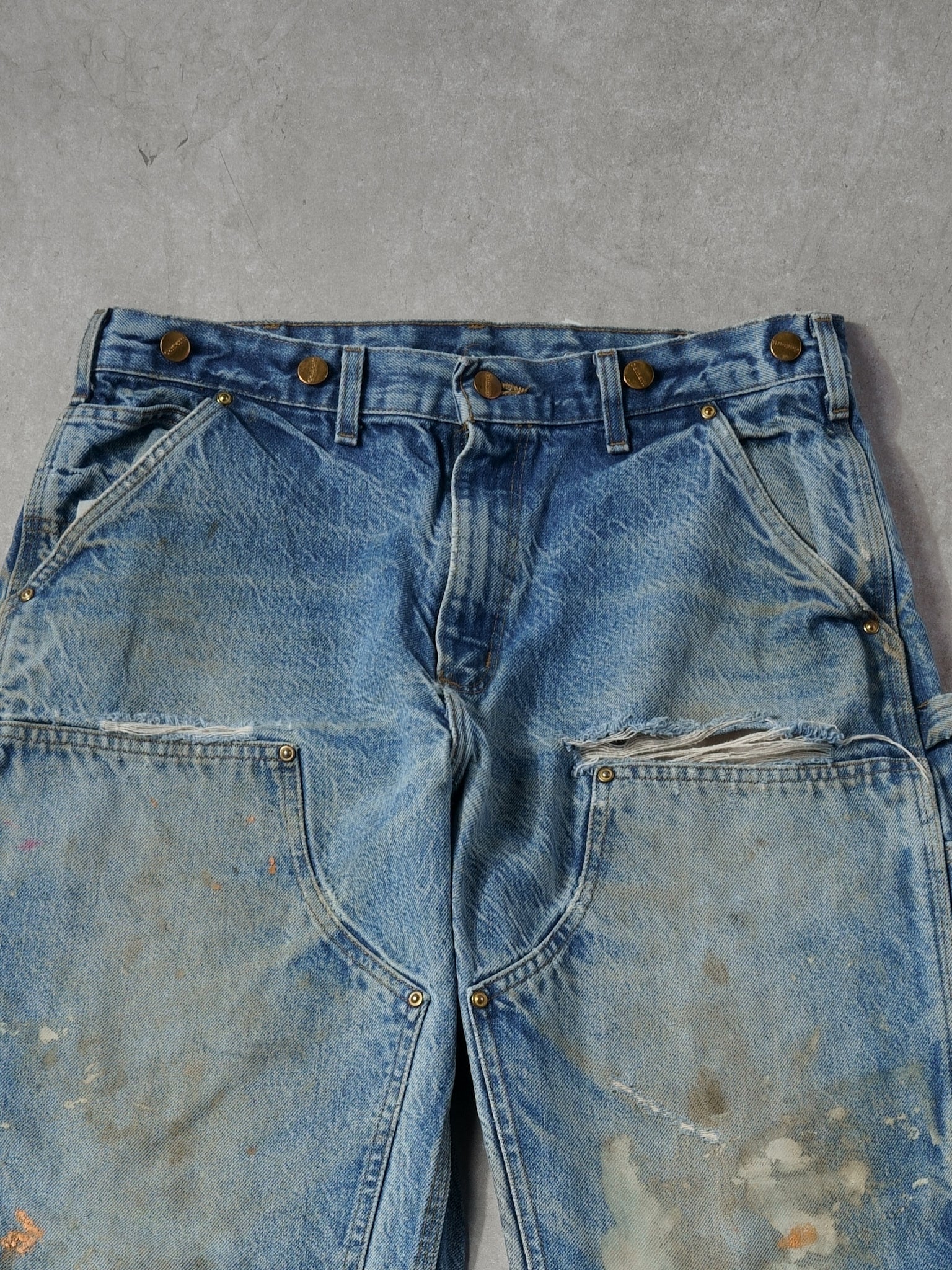 Vintage 90s Rare Stone Washed Blue Carhartt Denim Double Knee Carpenter Jeans (34x32)