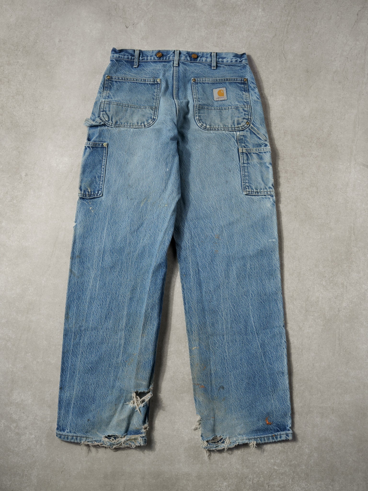 Vintage 90s Rare Stone Washed Blue Carhartt Denim Double Knee Carpenter Jeans (34x32)