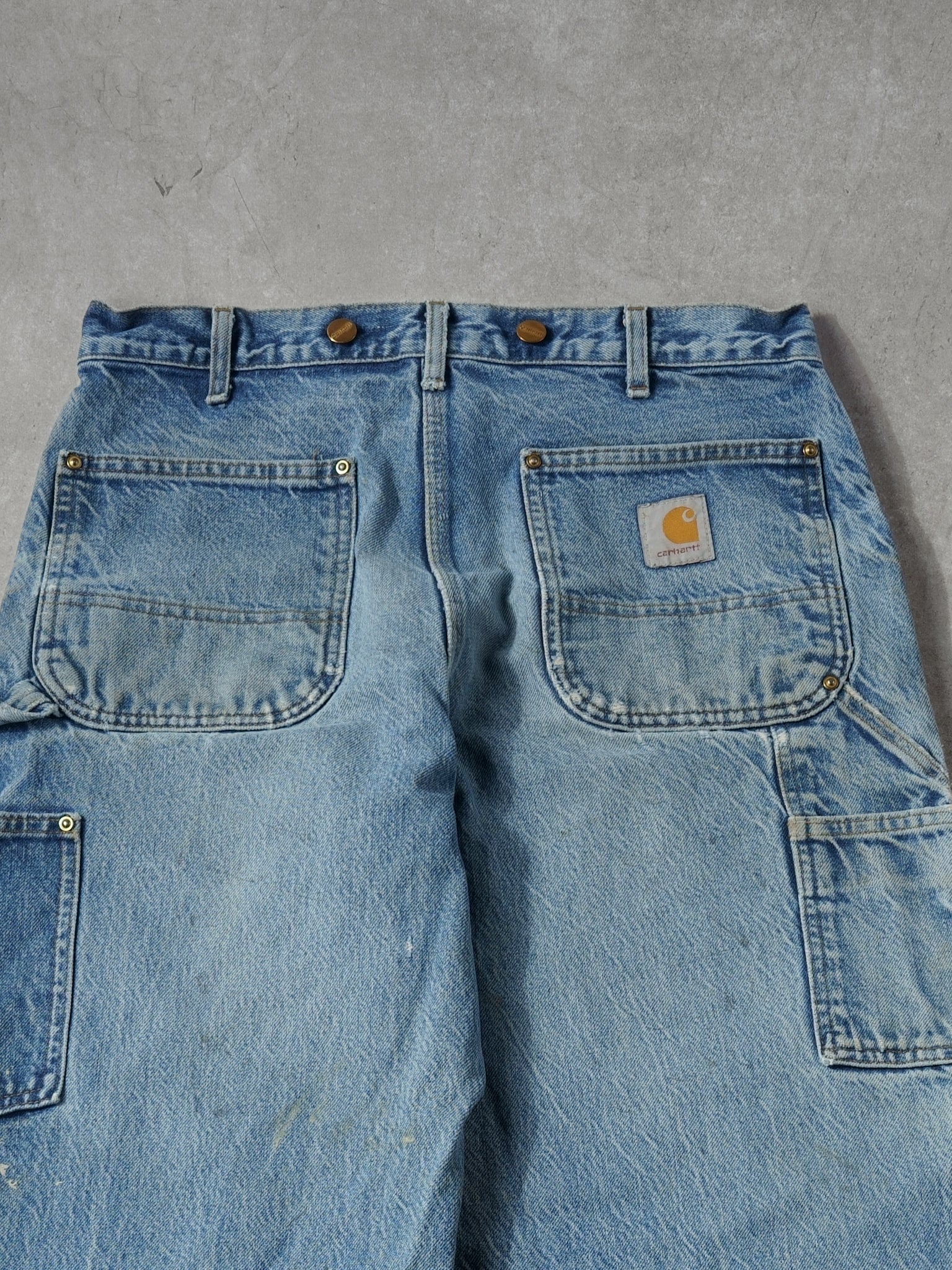 Vintage 90s Rare Stone Washed Blue Carhartt Denim Double Knee Carpenter Jeans (34x32)