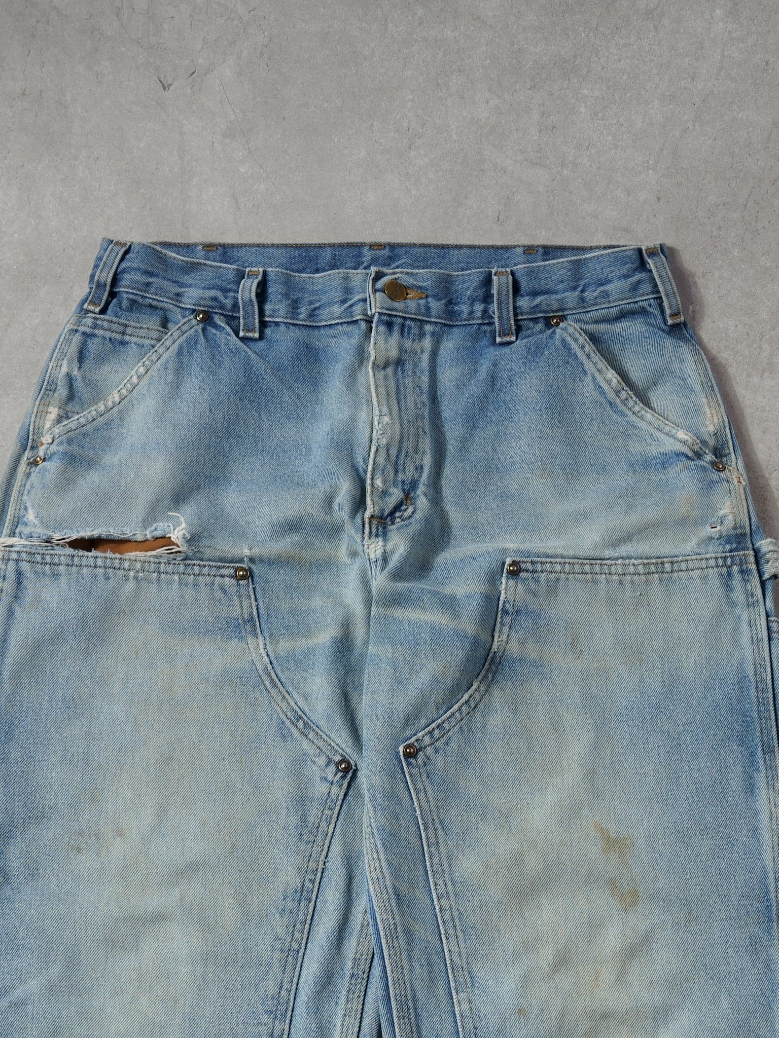 Vintage 90s Rare Light Washed Blue Carhartt Denim Double Knee Carpenter Jeans (34x33)