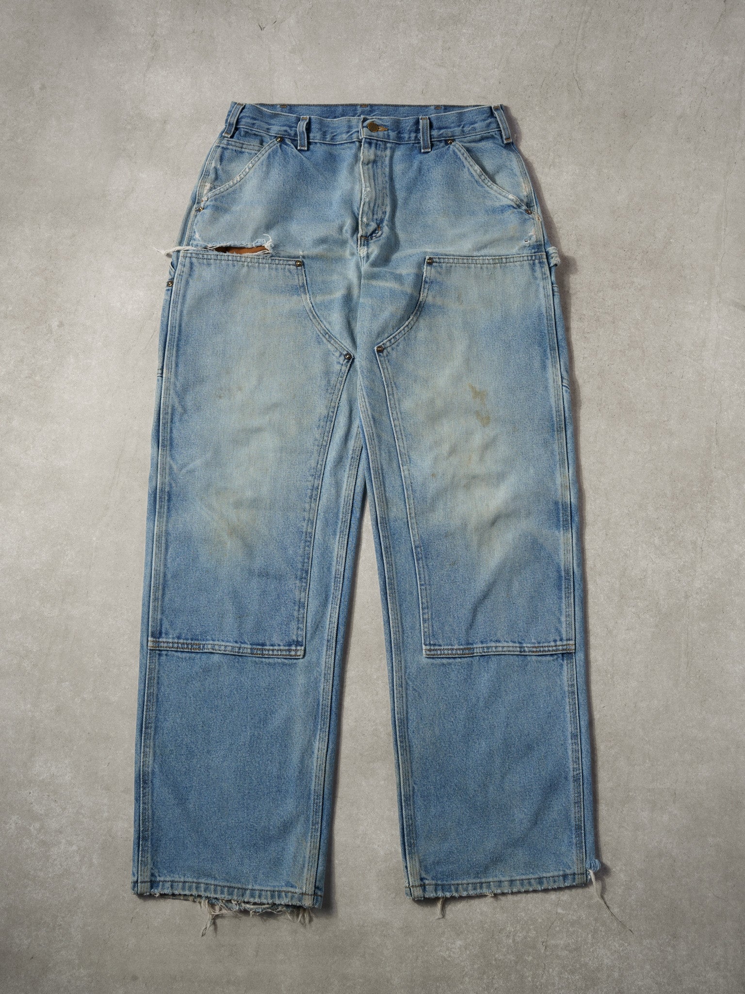 Vintage 90s Rare Light Washed Blue Carhartt Denim Double Knee Carpenter Jeans (34x33)