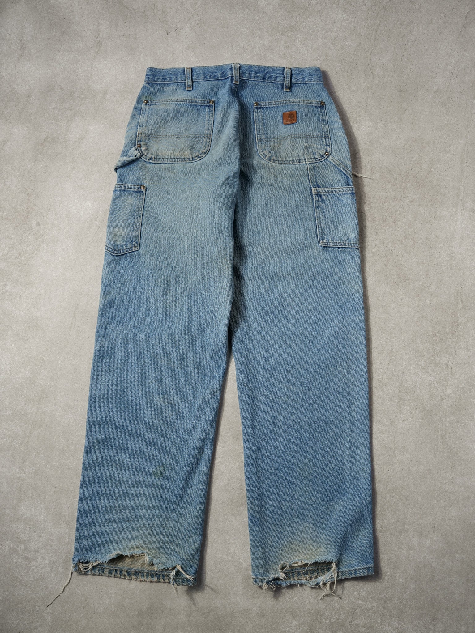 Vintage 90s Rare Light Washed Blue Carhartt Denim Double Knee Carpenter Jeans (34x33)
