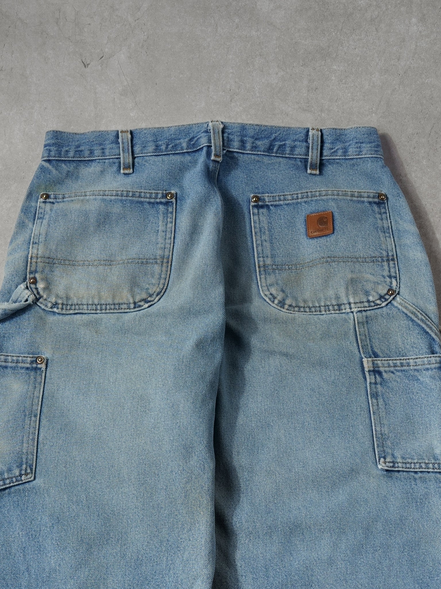 Vintage 90s Rare Light Washed Blue Carhartt Denim Double Knee Carpenter Jeans (34x33)