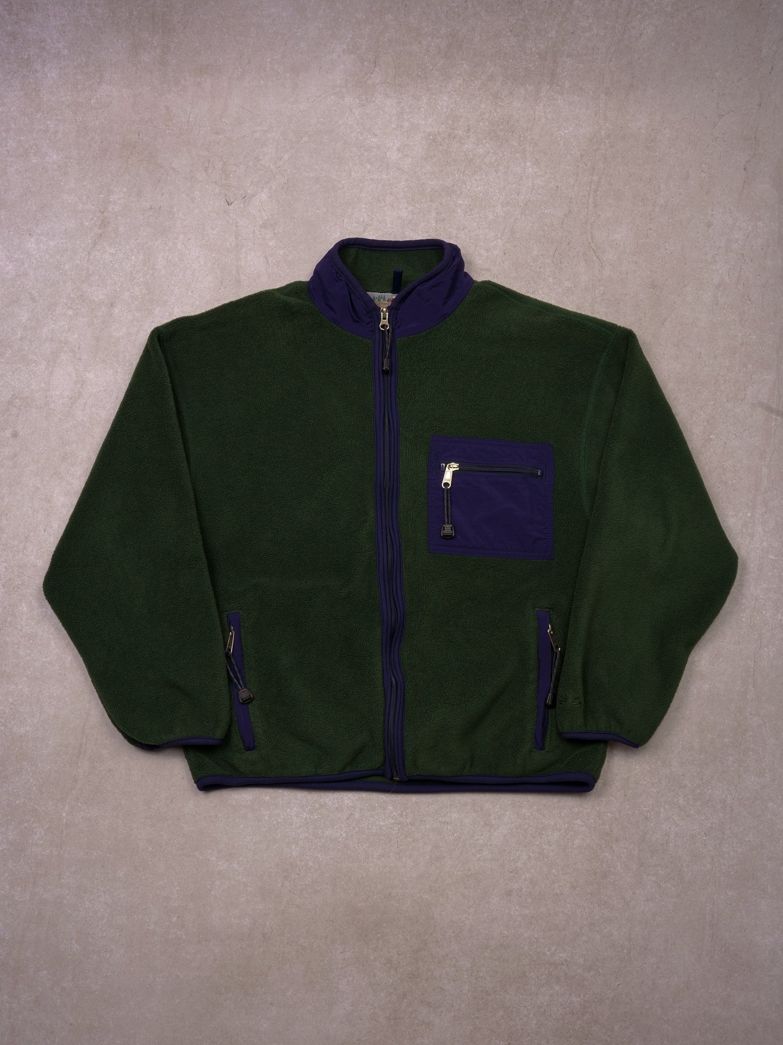 Vintage 90s Green and Navy Polartec Fleece Collared Zip Up (L)