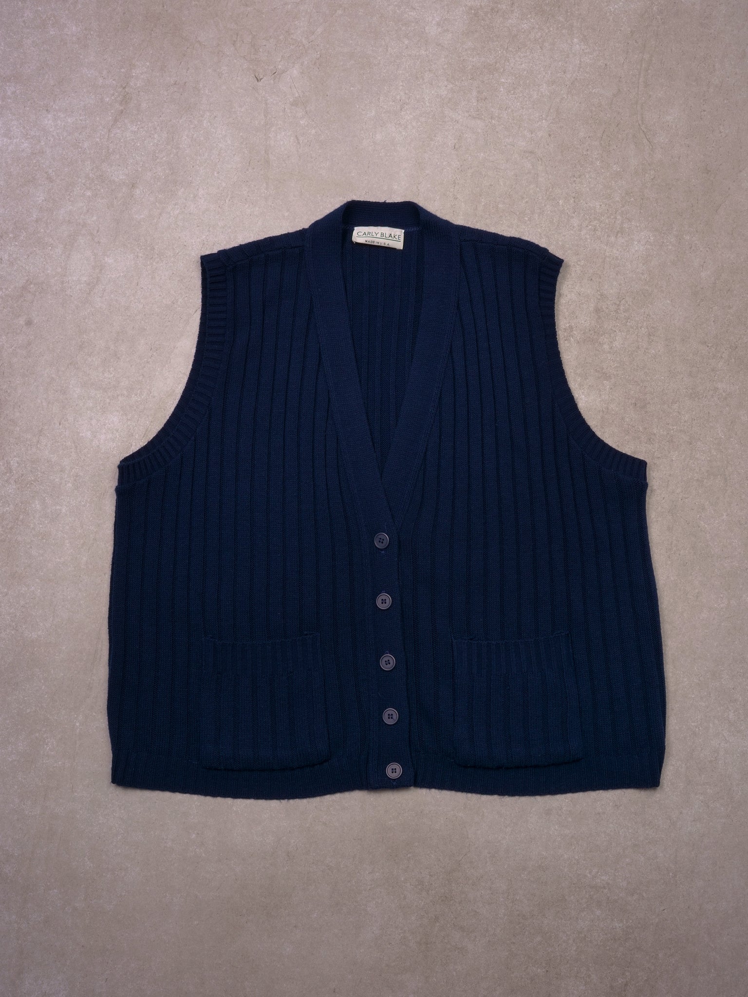 Vintage 90s Navy Blue Carly Blake Knit Button Vest (XL)