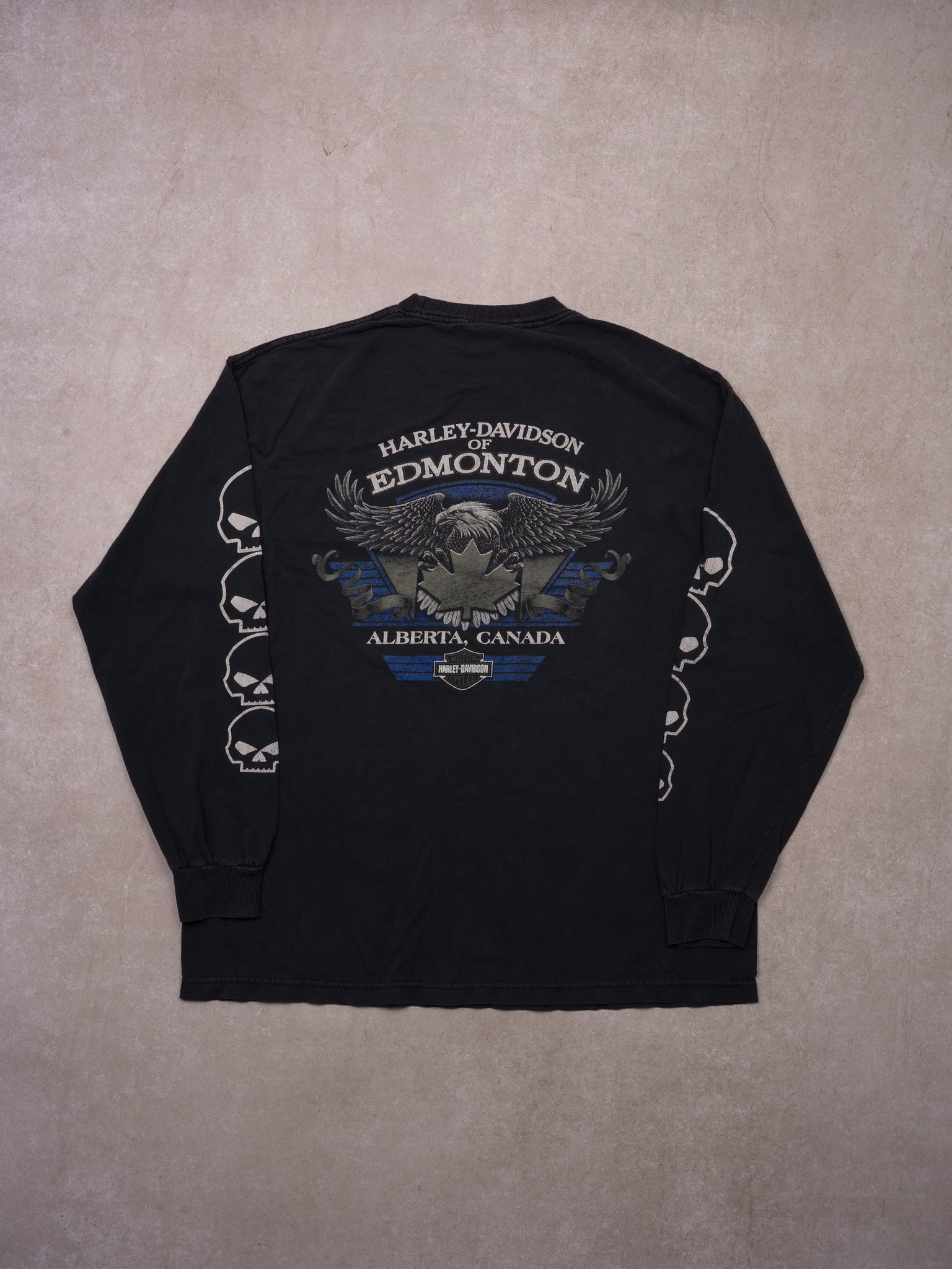 Vintage 05' Sunfaded Black Harley Davidson Skull Alberta Edmonton Longsleeve (L)