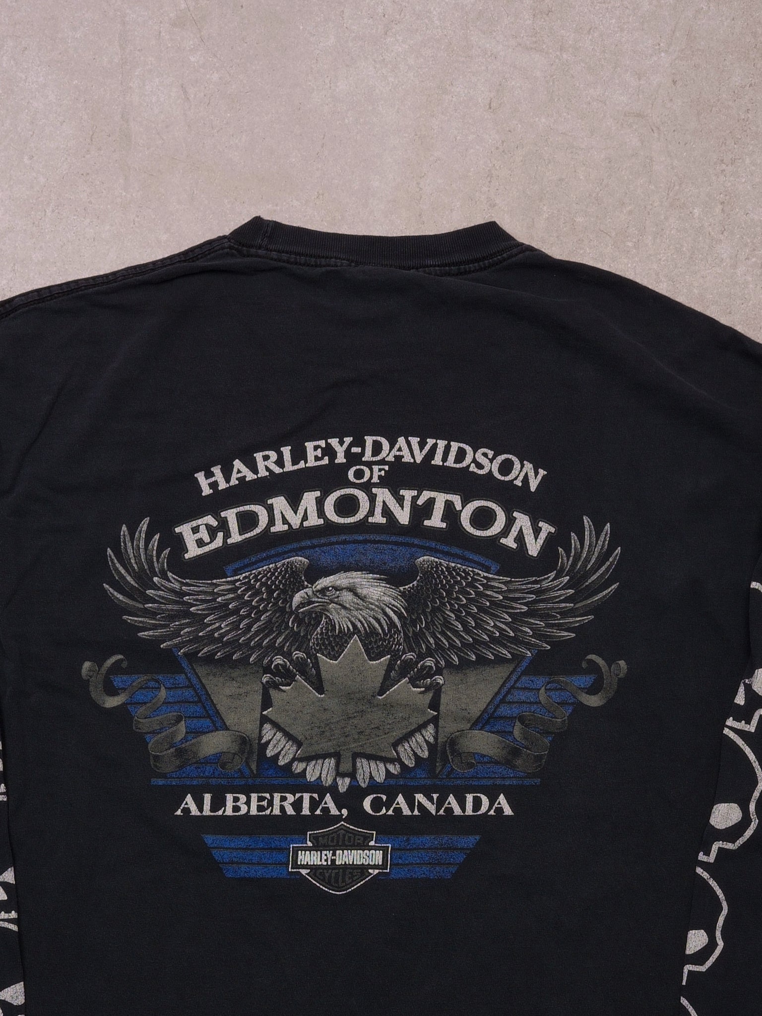 Vintage 05' Sunfaded Black Harley Davidson Skull Alberta Edmonton Longsleeve (L)