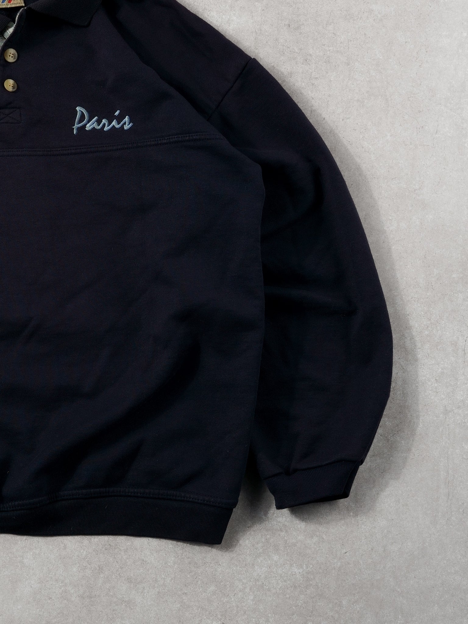 Vintage 80s Navy Blue Paris 1/4 Button Sweatshirt (L)