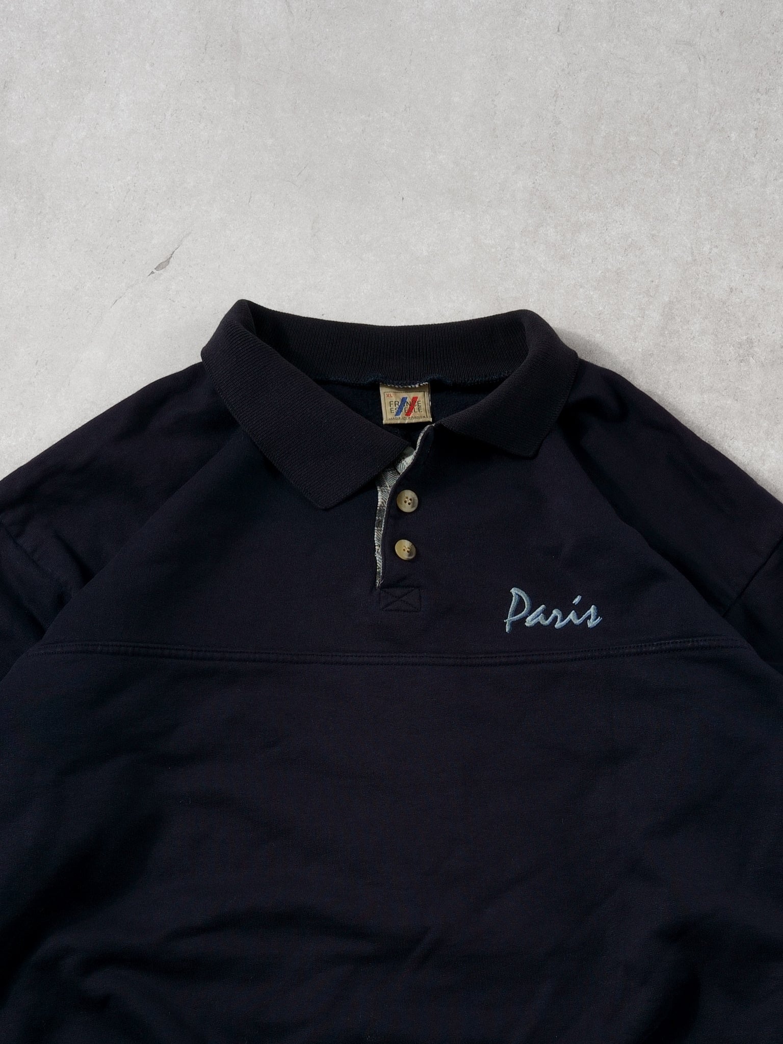 Vintage 80s Navy Blue Paris 1/4 Button Sweatshirt (L)