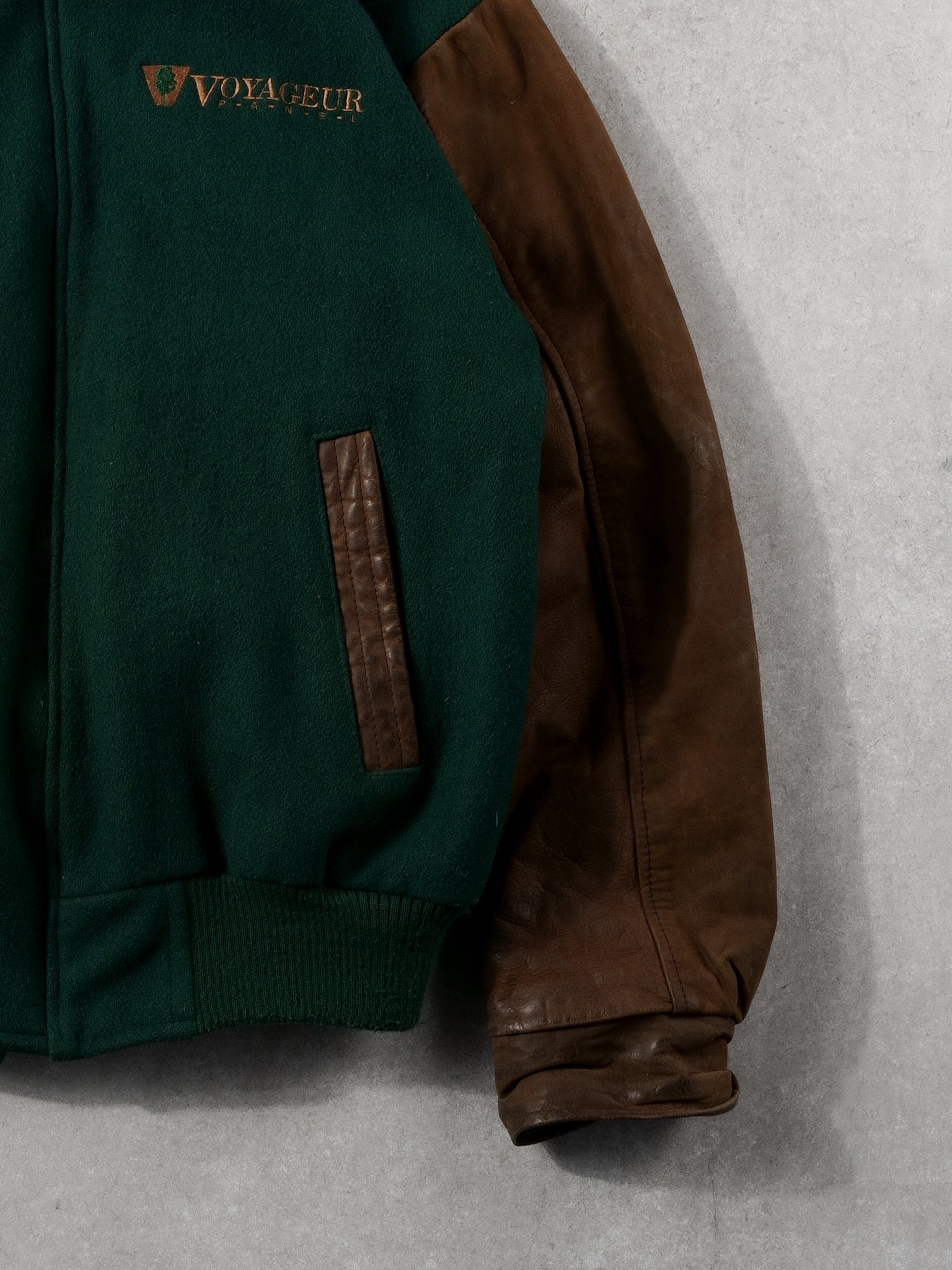Vintage 90s Green + Brown Voyageur Leather Varsity Jacket (L)