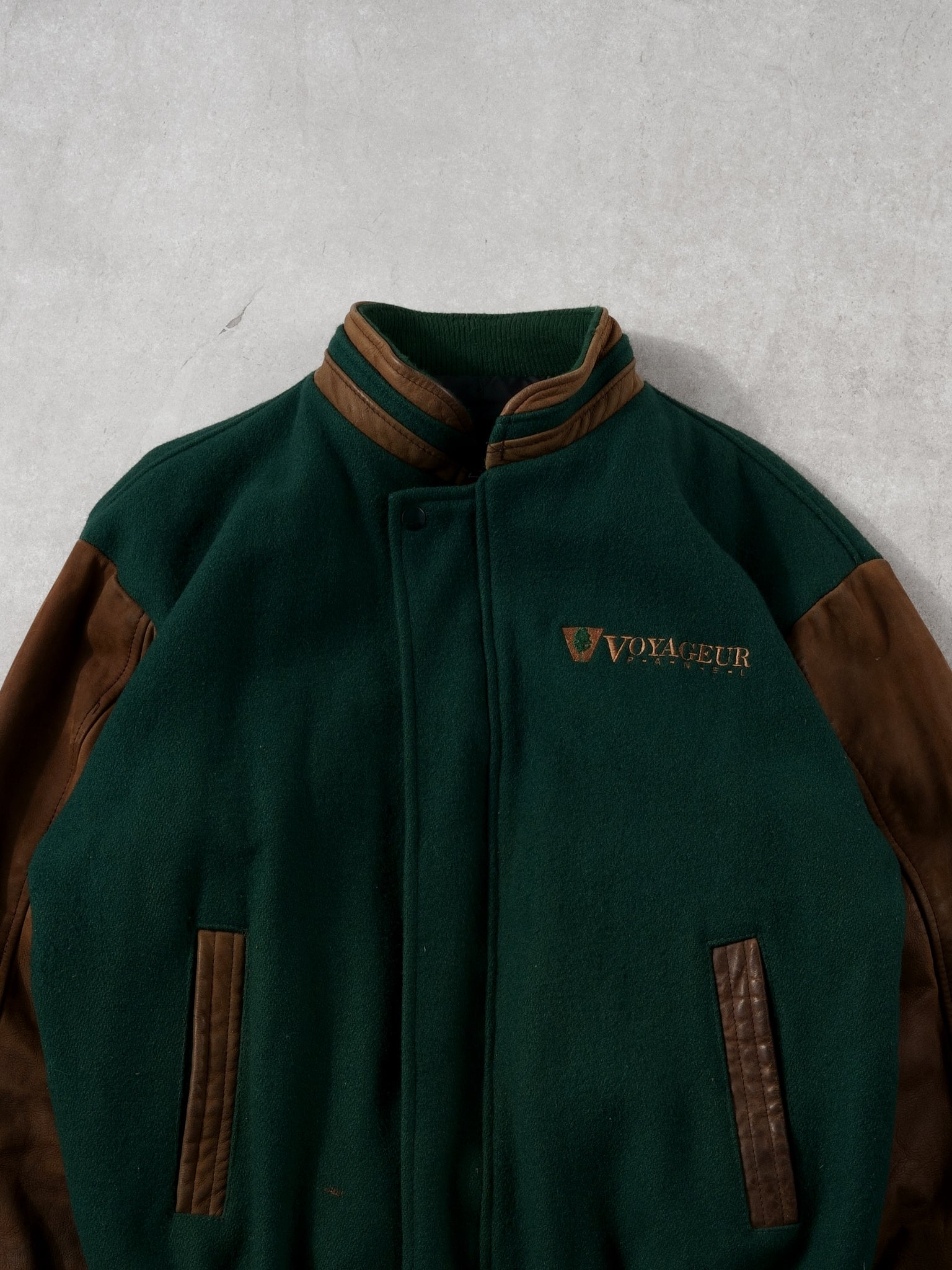 Vintage 90s Green + Brown Voyageur Leather Varsity Jacket (L)