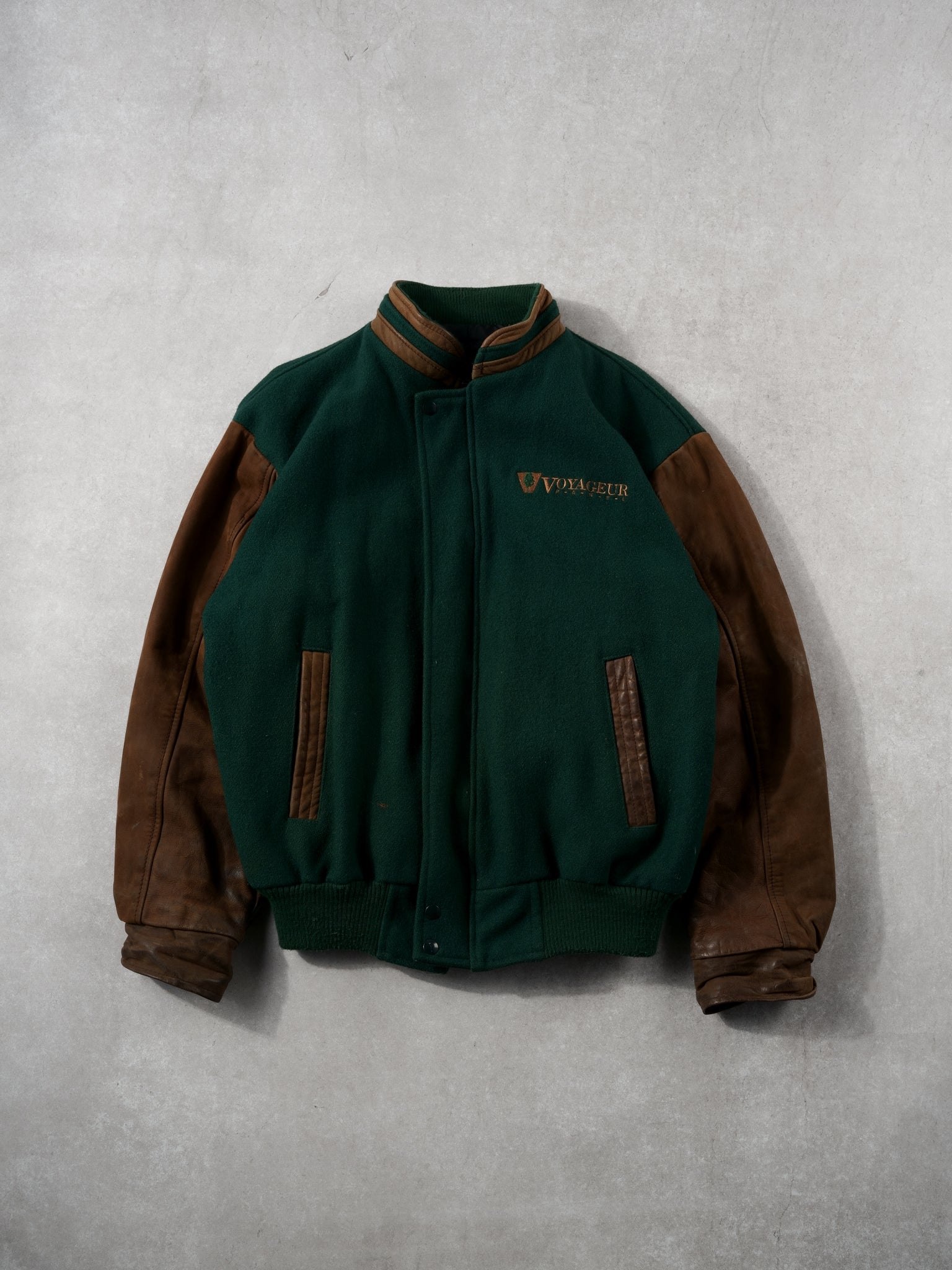 Vintage 90s Green + Brown Voyageur Leather Varsity Jacket (L)