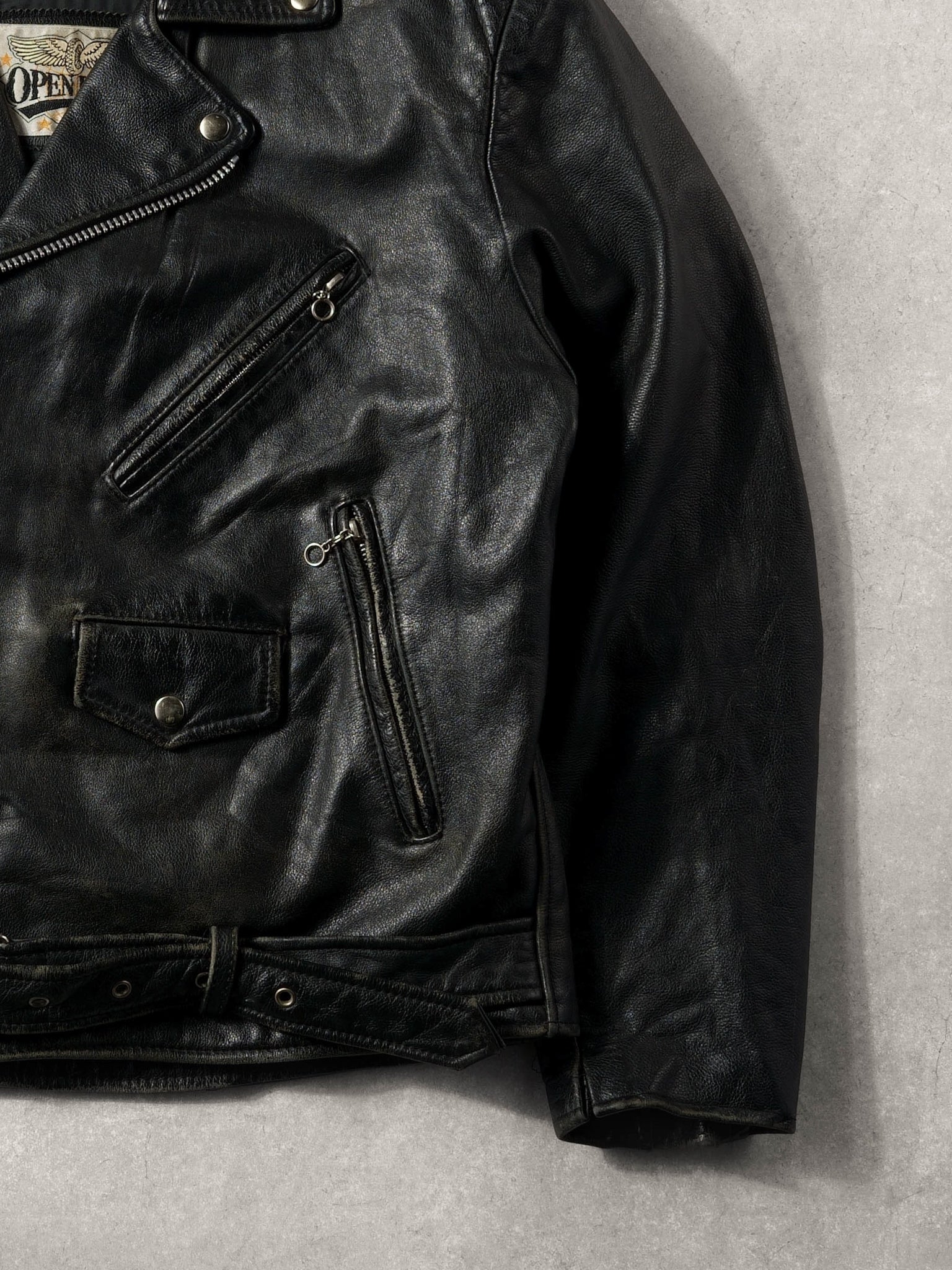 Vintage 90s Black Open Road Biker Harley Davidson Leather Jacket (L)