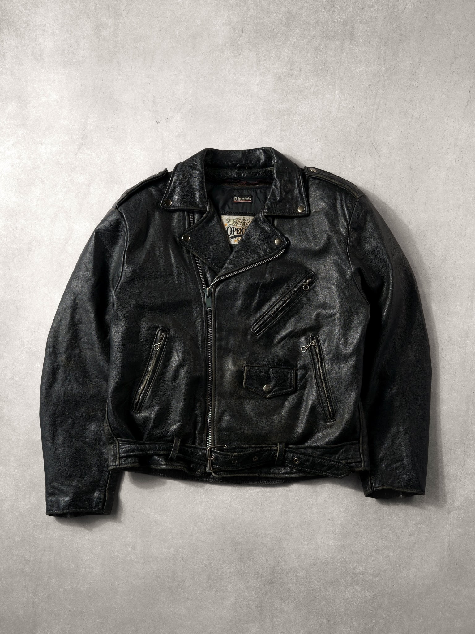 Vintage 90s Black Open Road Biker Harley Davidson Leather Jacket (L)