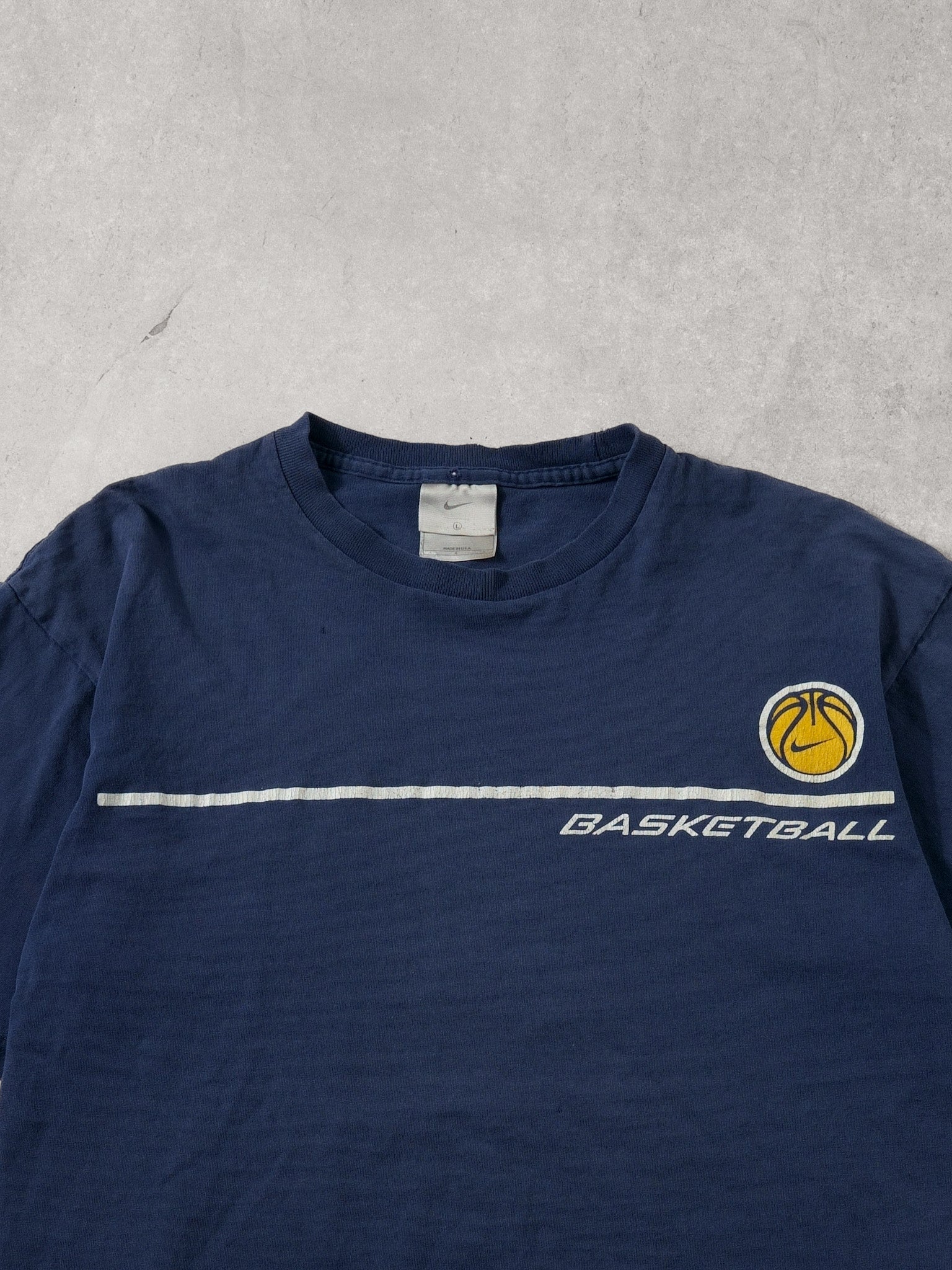 Vintage Y2k Navy Blue and Yellow Nike Basketball Tee (M/L)