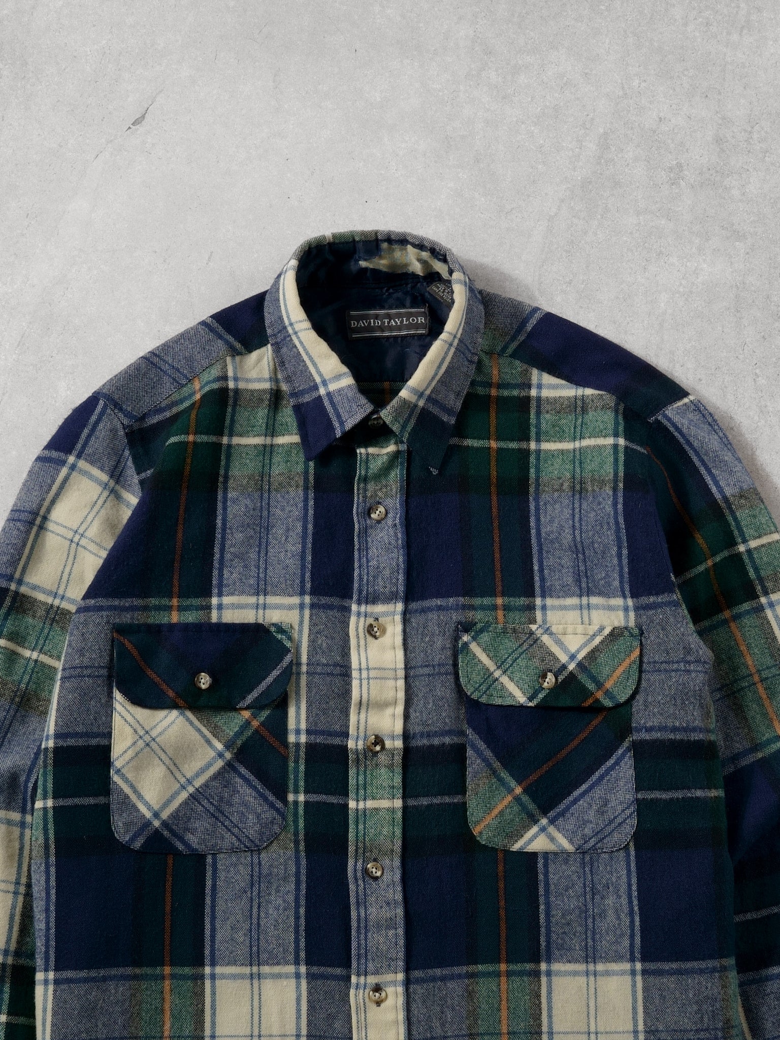 Vintage 80s Blue, Green and Beige David Tailor Flannel Button Up (L)