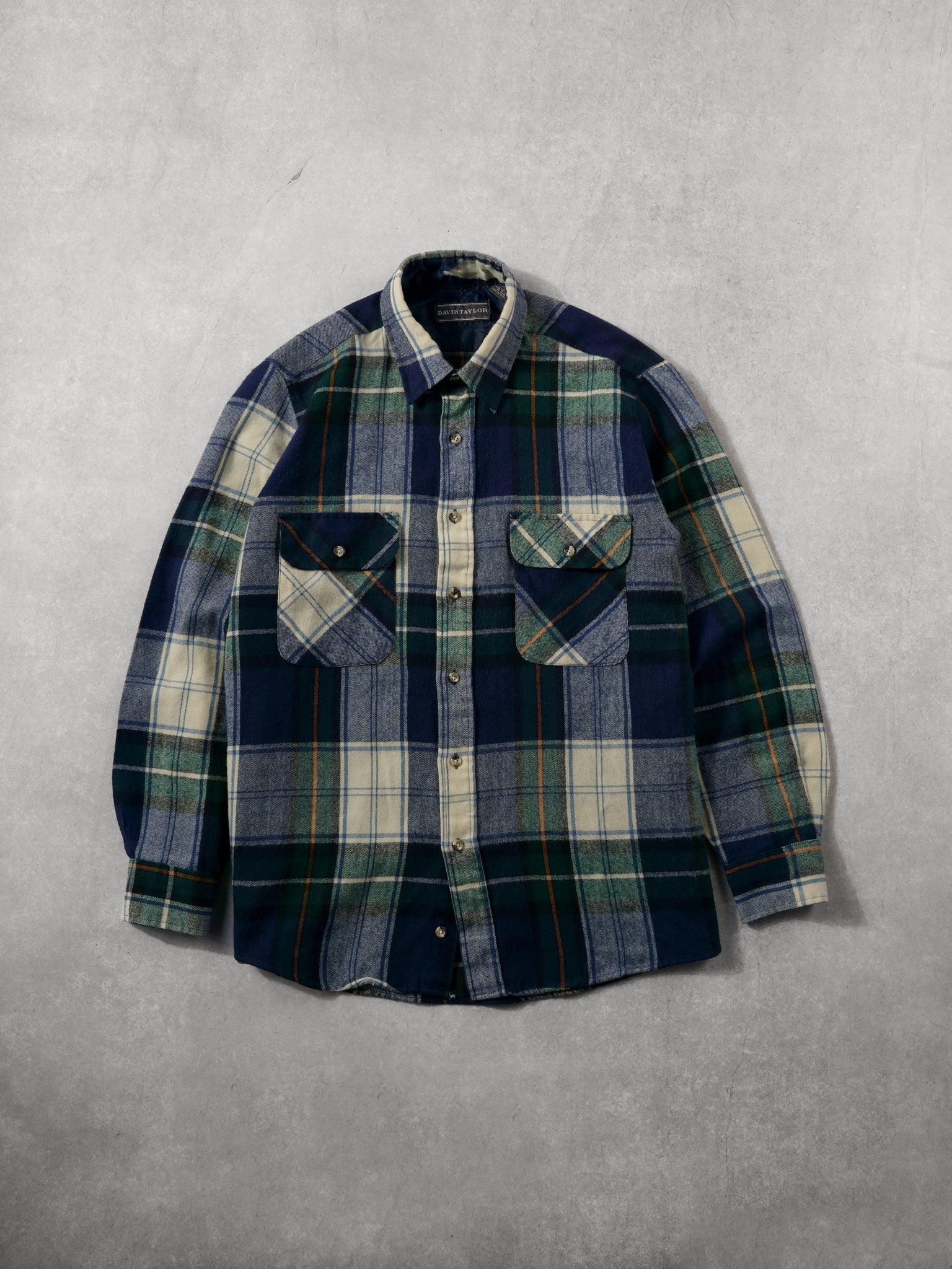 Vintage 80s Blue, Green and Beige David Tailor Flannel Button Up (L)