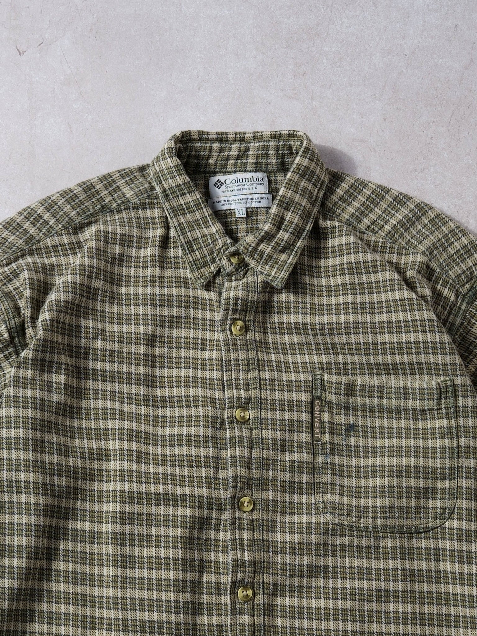 Vintage 90s Beige and Brown Columbia Plaid Collared Button Up (L)