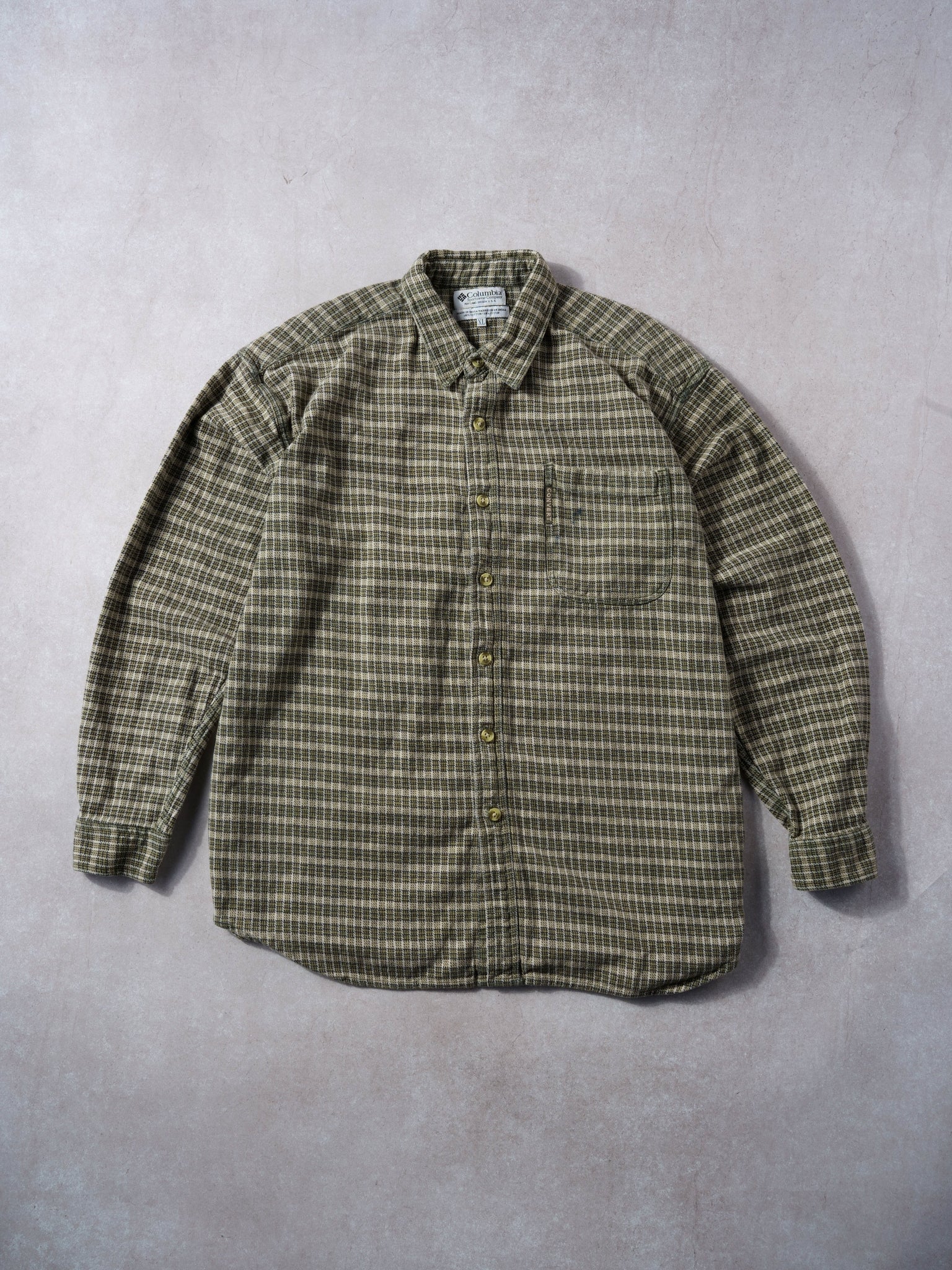 Vintage 90s Beige and Brown Columbia Plaid Collared Button Up (L)