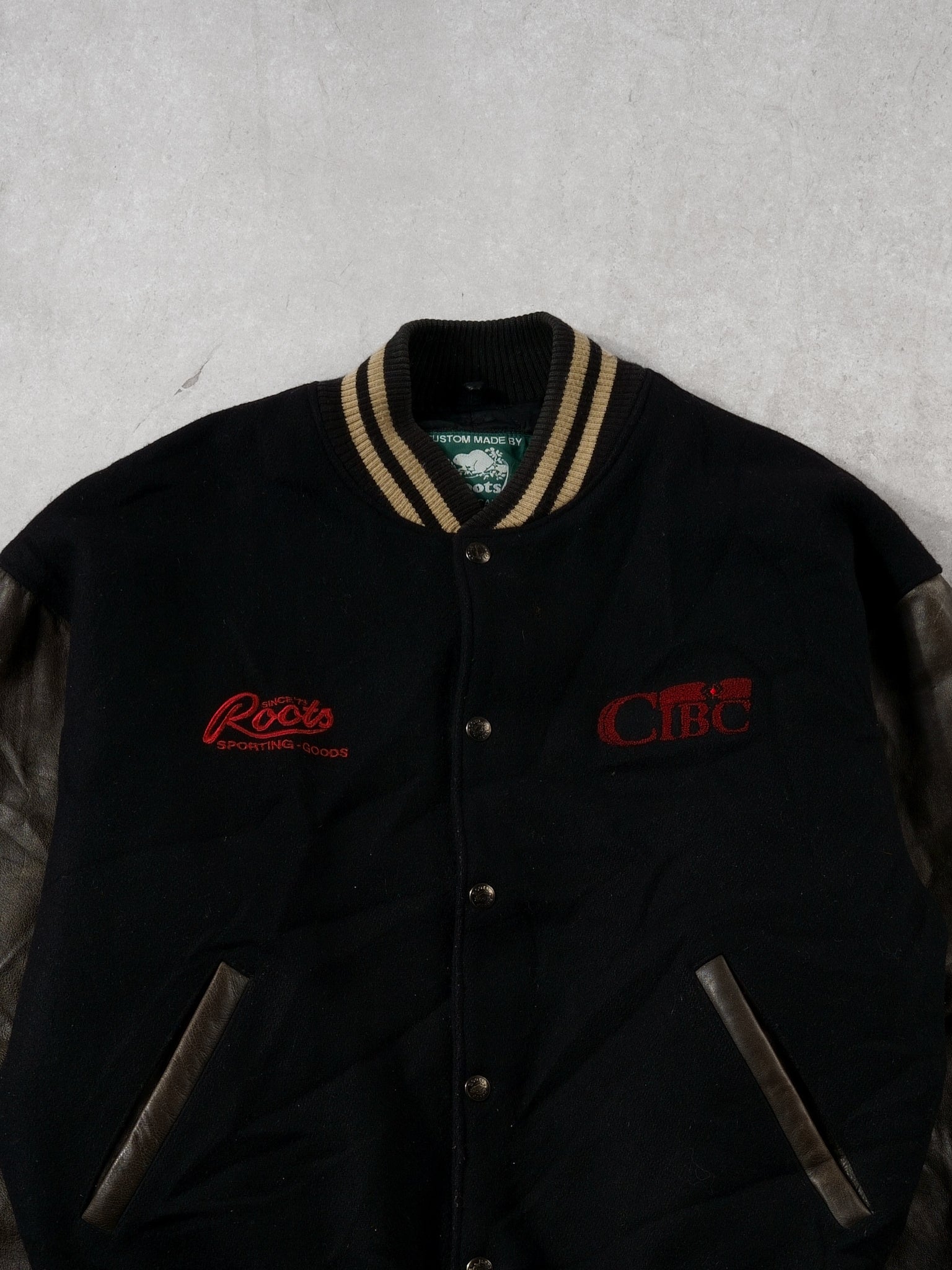 Vintage 90s Black and Brown Roots x CIBC Varsity Jacket (M)