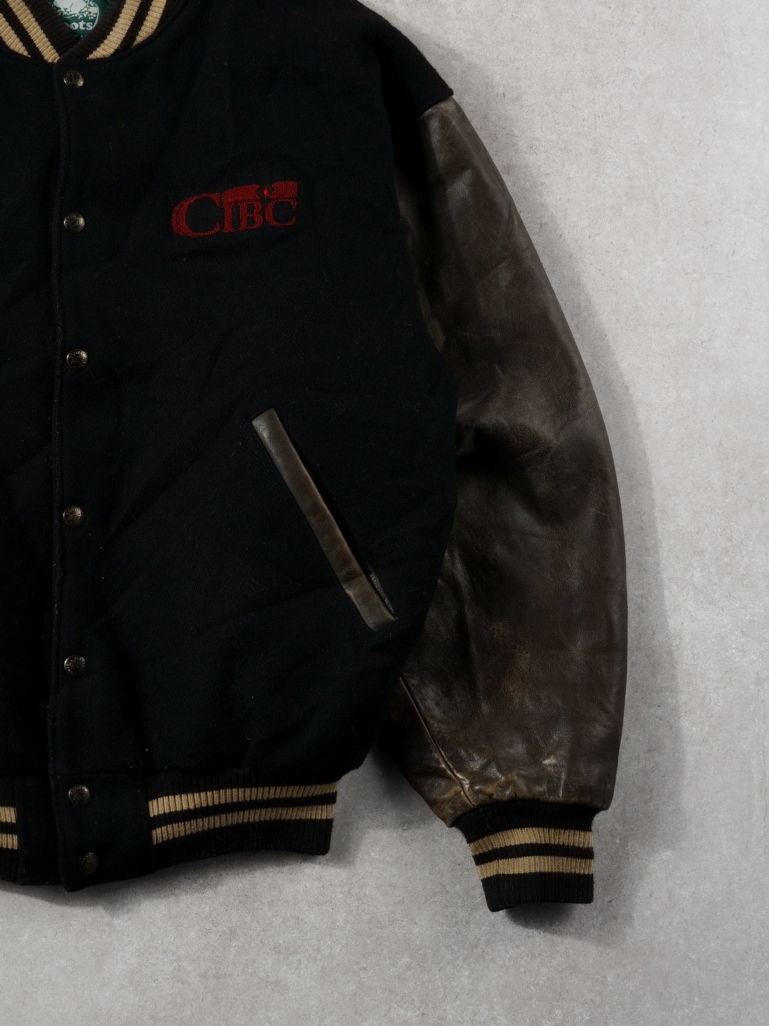 Vintage 90s Black and Brown Roots x CIBC Varsity Jacket (M)