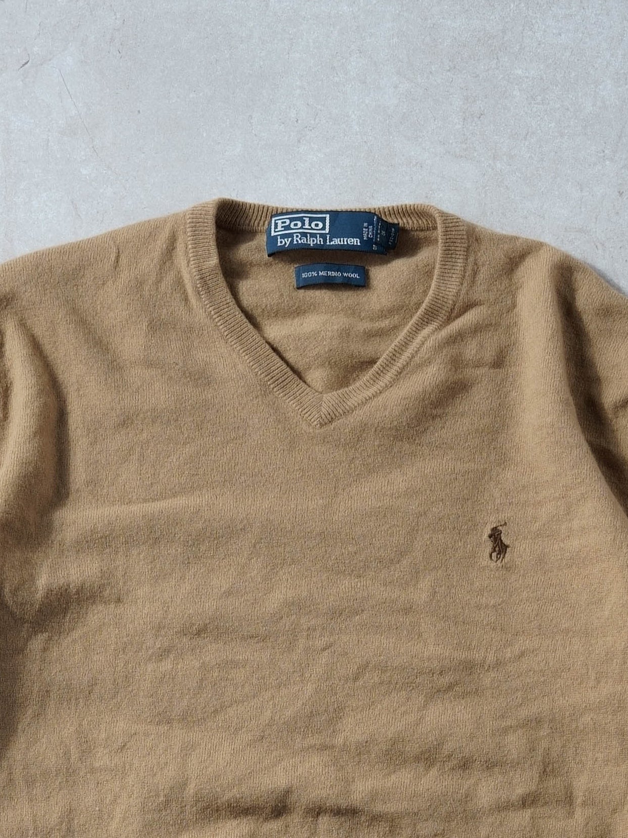 Vintage 90s Camel Polo Ralph Lauren Wool V-neck Sweater (M)